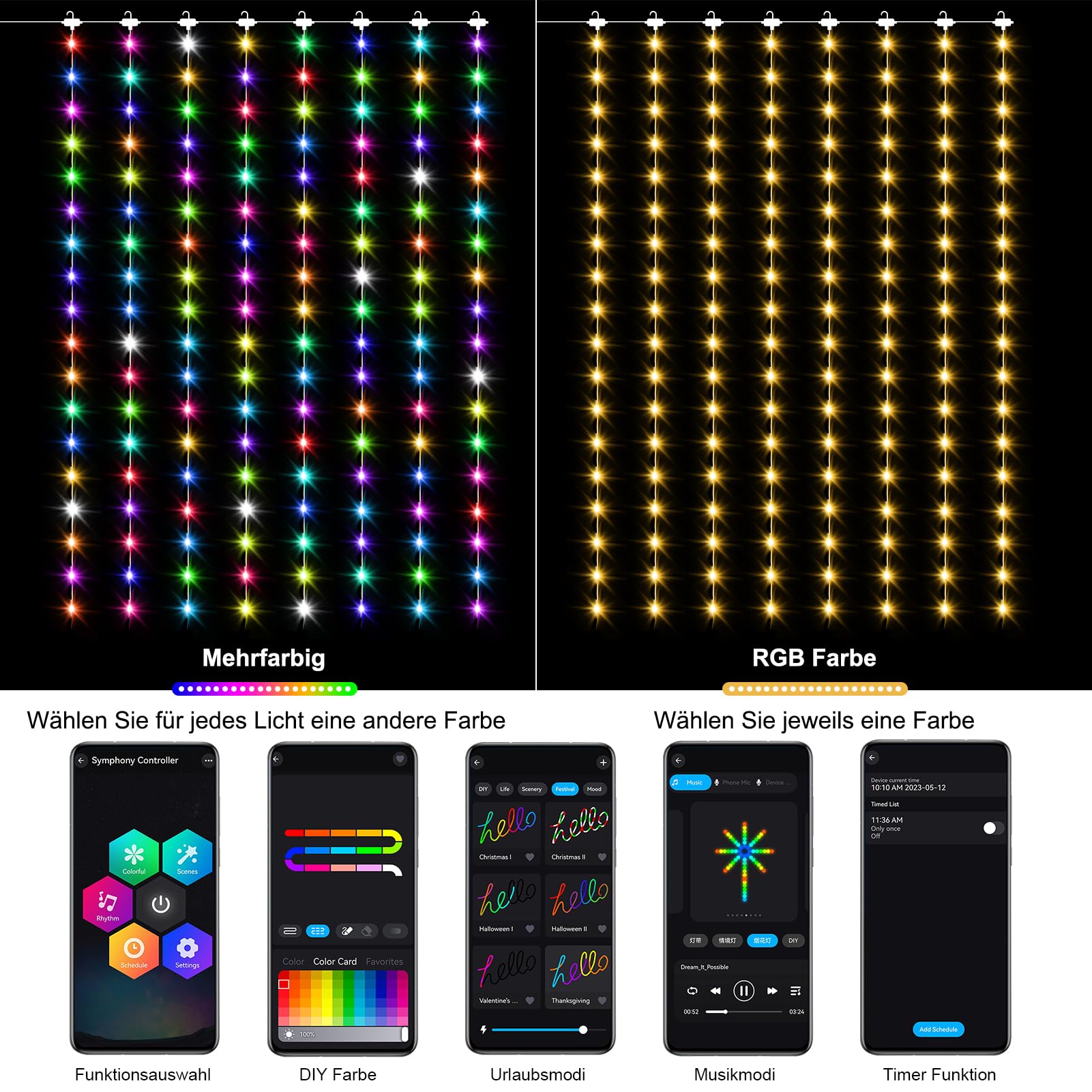 ZAIYW Cortina de Luz Inteligente RGB 5050 con Chip Integrado, Cortina de Luces de Hadas de 2,4 M x 1,8 M Control Remoto y Control de Aplicación, Cortina de Luces de Hadas de 144 LED para Fondo