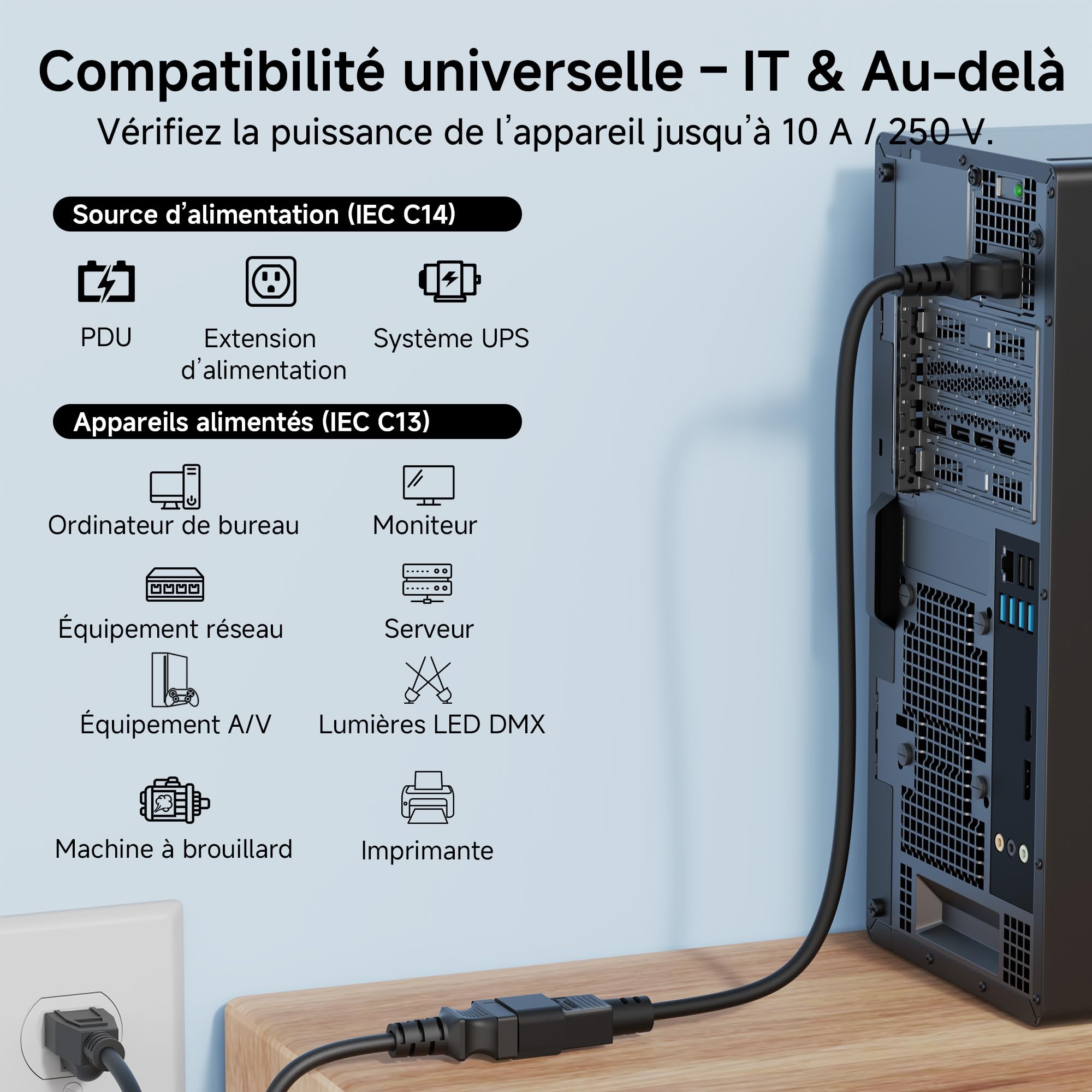 Lot De 2 Câbles Rallonge IEC C14 Vers C13 – 2 M – Pour PDU, UPS, Serveur, Équipement Informatique