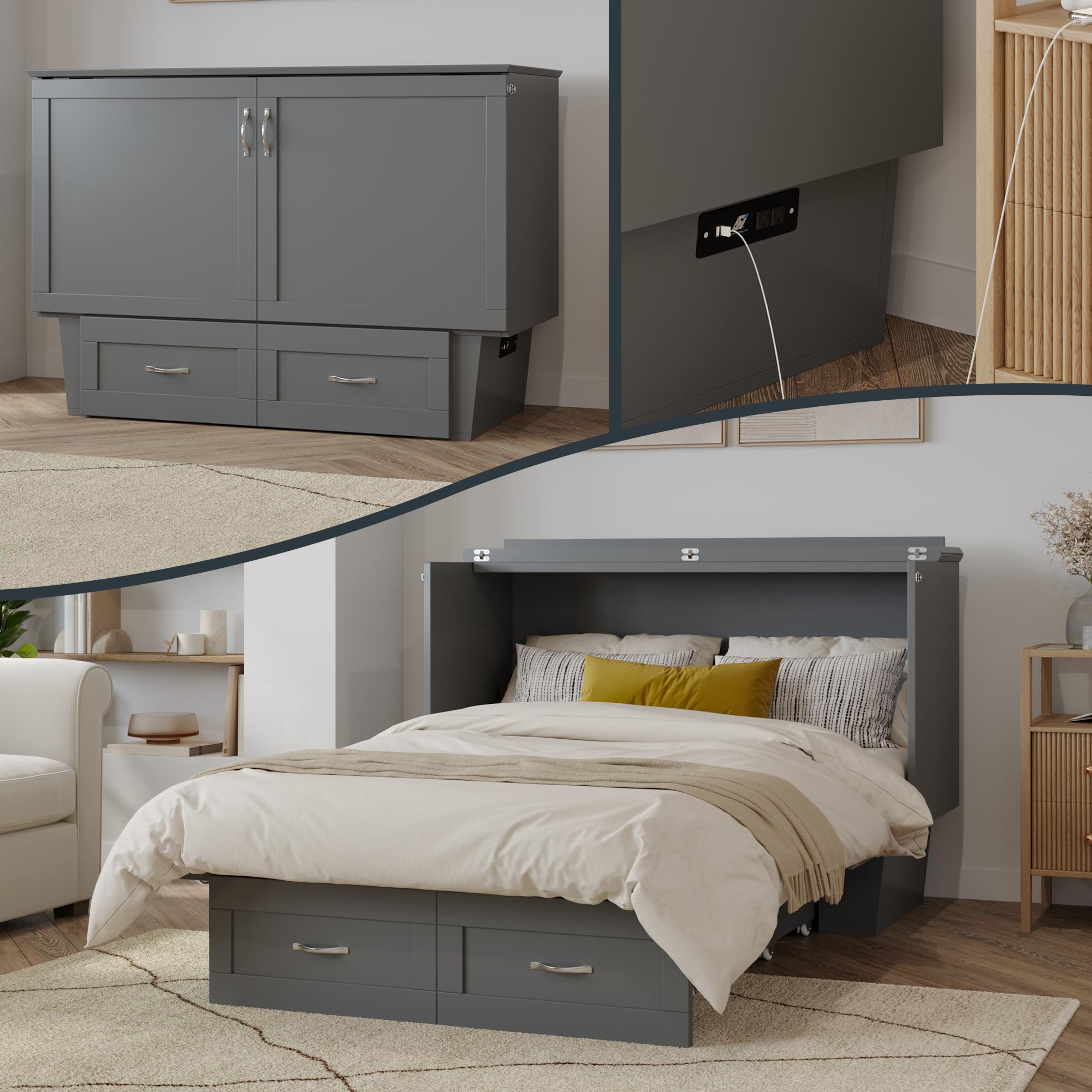 AFI, Monroe Full Murphy Bed Chest with 6" Mattress, Storage Drawer & Built-in USB Charger, Grey