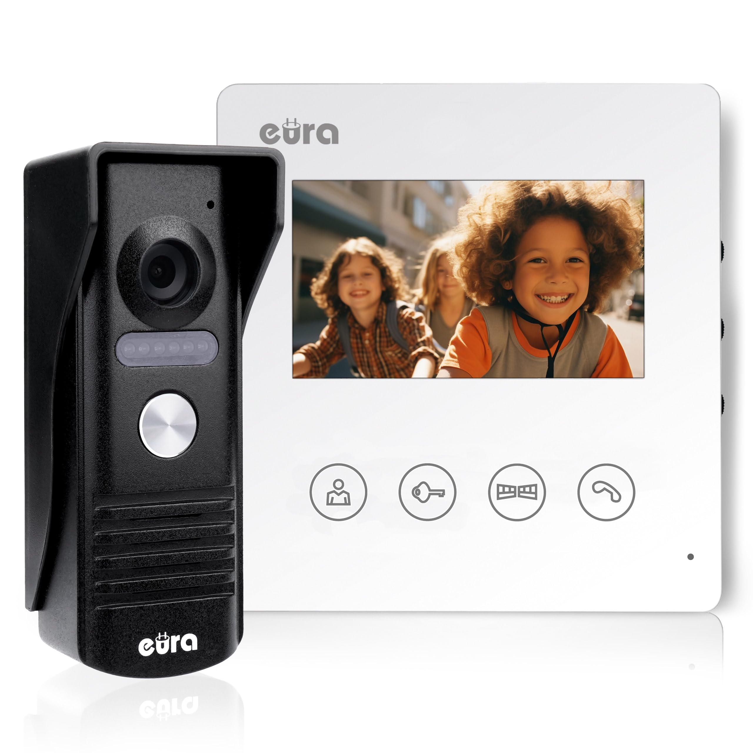 EURA Interphone vidéo VDP-52A3 ATIRA 4 fils, moniteur couleur 4,3 pouces, 2 entrées, 1 moniteur, blanc