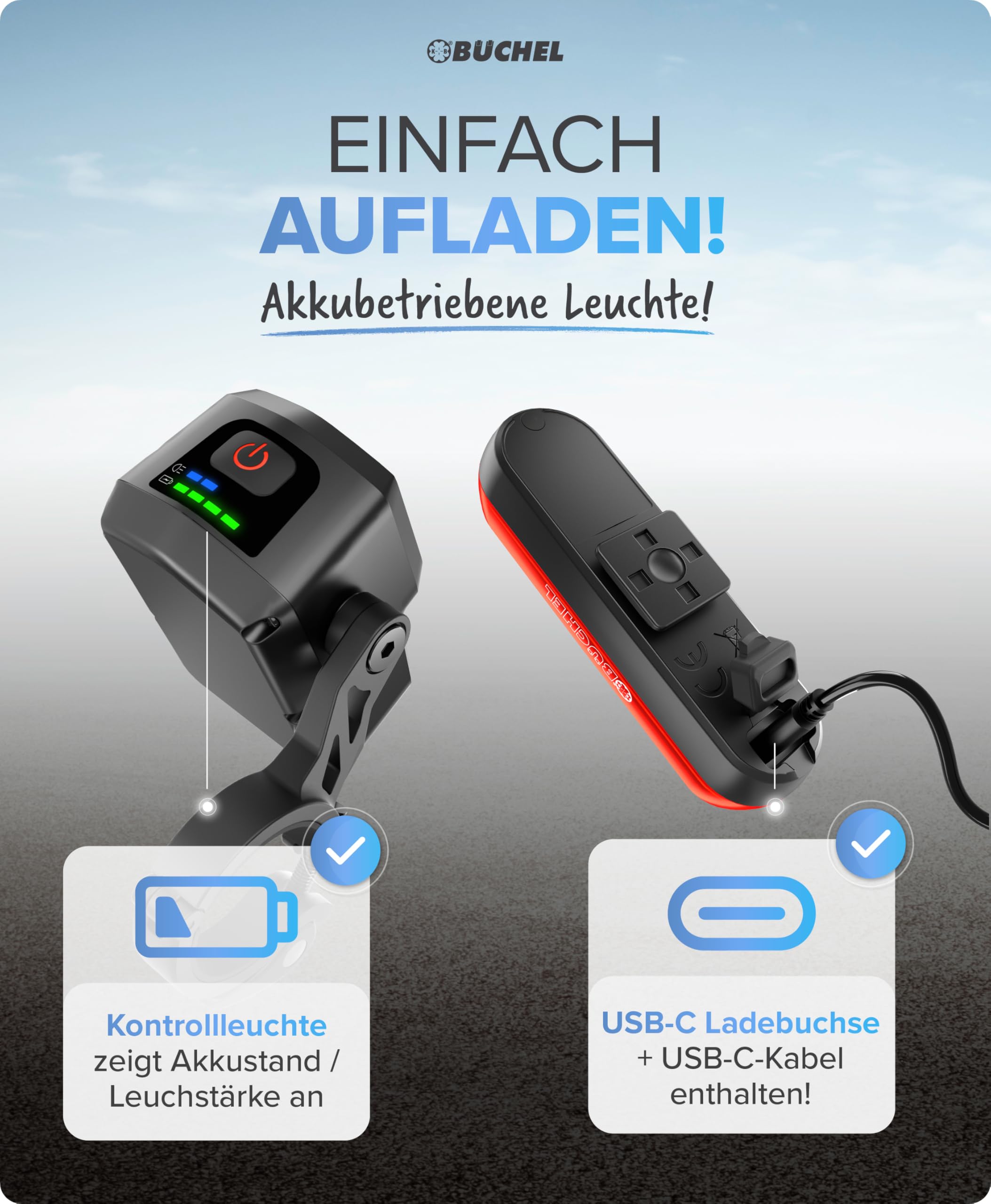 BÜCHEL Zestaw świateł rowerowych – zestaw świateł rowerowych USB-C z 8 godzinami świecenia i wyświetlaczem kontrolnym – 4 tryby światła przedniego (15–60 luksów) – zgodne z niemieckim prawem o ruchu
