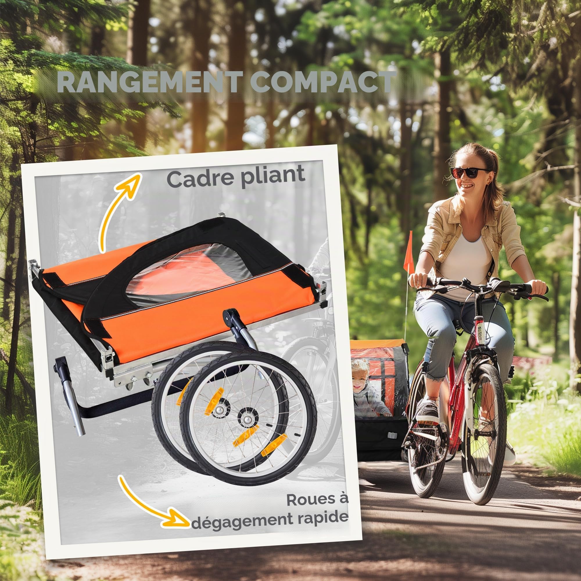 HOMCOM Remorque vélo pour enfants avec 2 sièges, 2 ceintures de sécurité, cadre en acier et housse en textile Oxford Orange