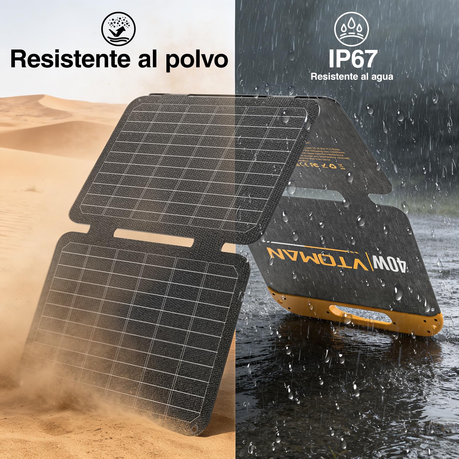 VTOMAN VS40 Panel Solar Portátil, Voltaje de Funcionamiento de 13,9V | Alta Eficiencia del 25 %, Resistente al Agua IP67, Plegable Puertos USB-C y USB-A, Ligero PD30W para Teléfonos