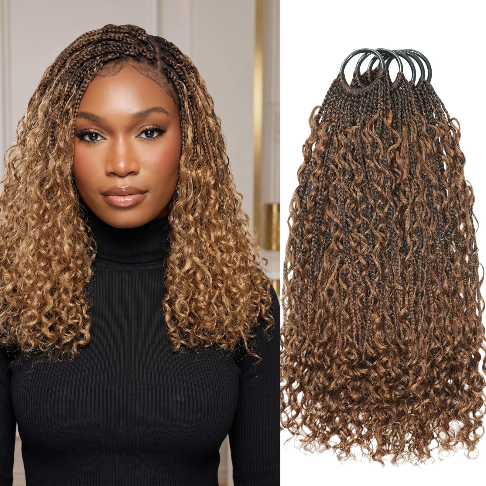 JALIZA 18'' Water Wave Crochet Boho Box Braids with Human Hair Curls, 1B/30