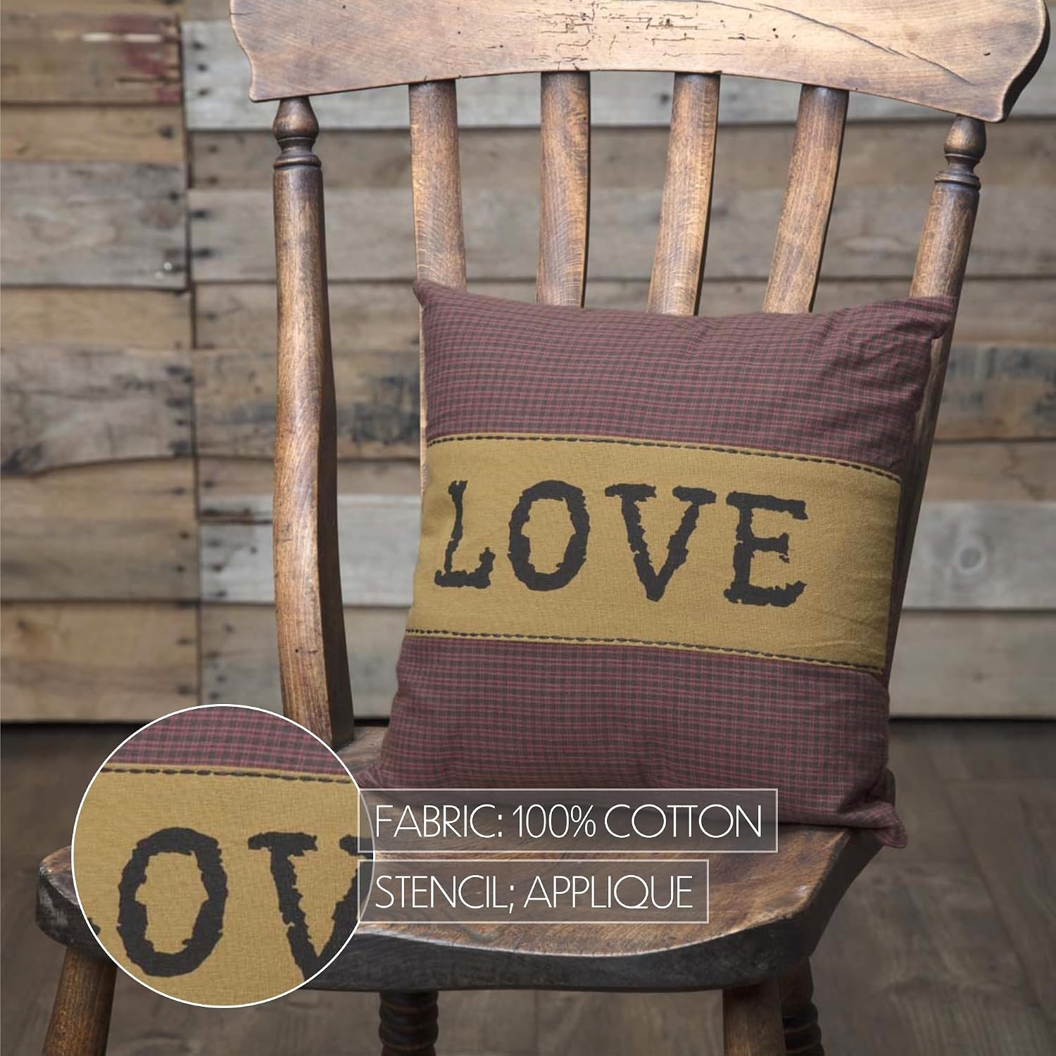VHC Brands Heritage Farms Love Pillow 12x12 Country Primitive Bedding Accessory, Burgundy