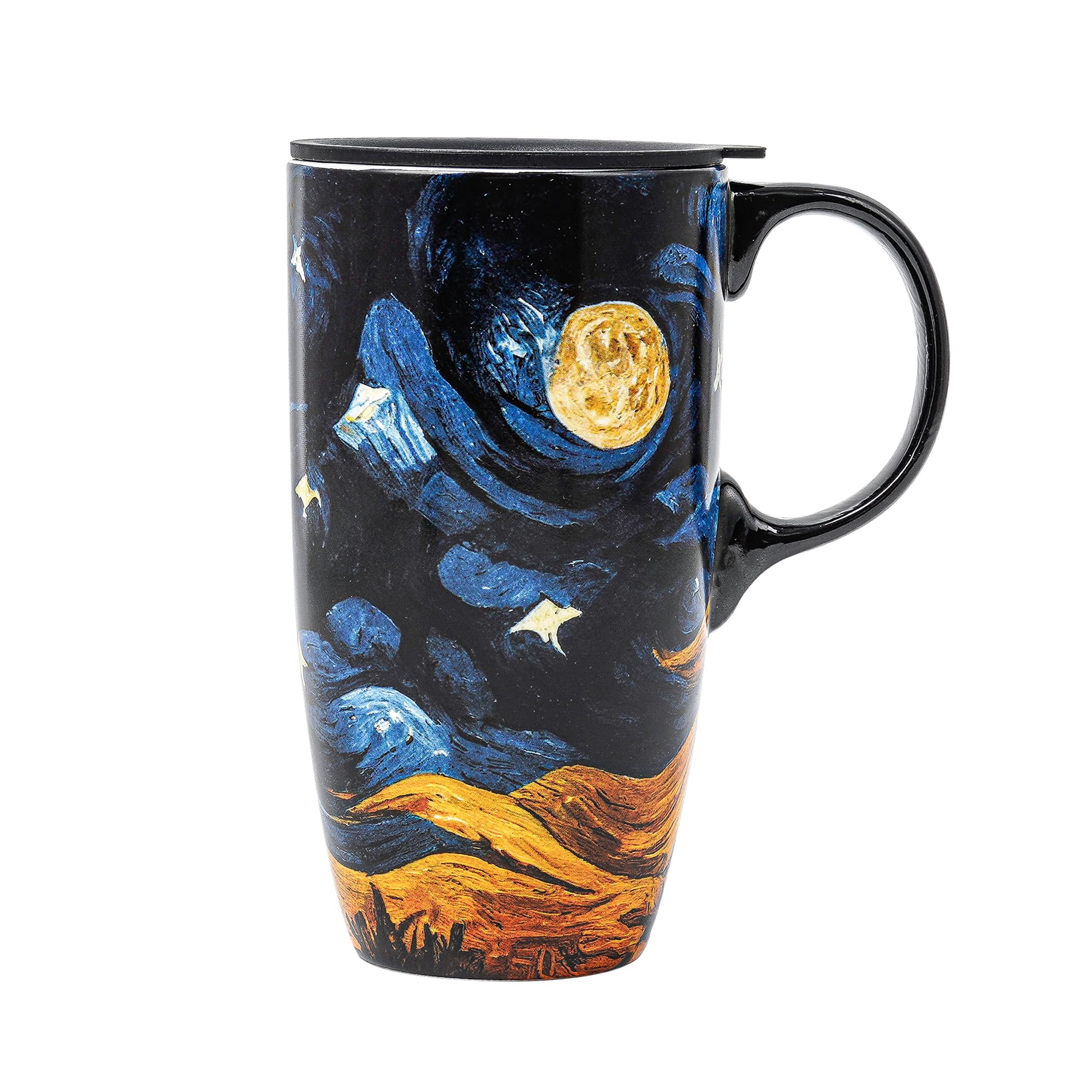 Topadorn Starry Sky 17 Oz Porcelain Travel Mug with Lid and Handle - To Go Tumbler for Car Cup Holder
