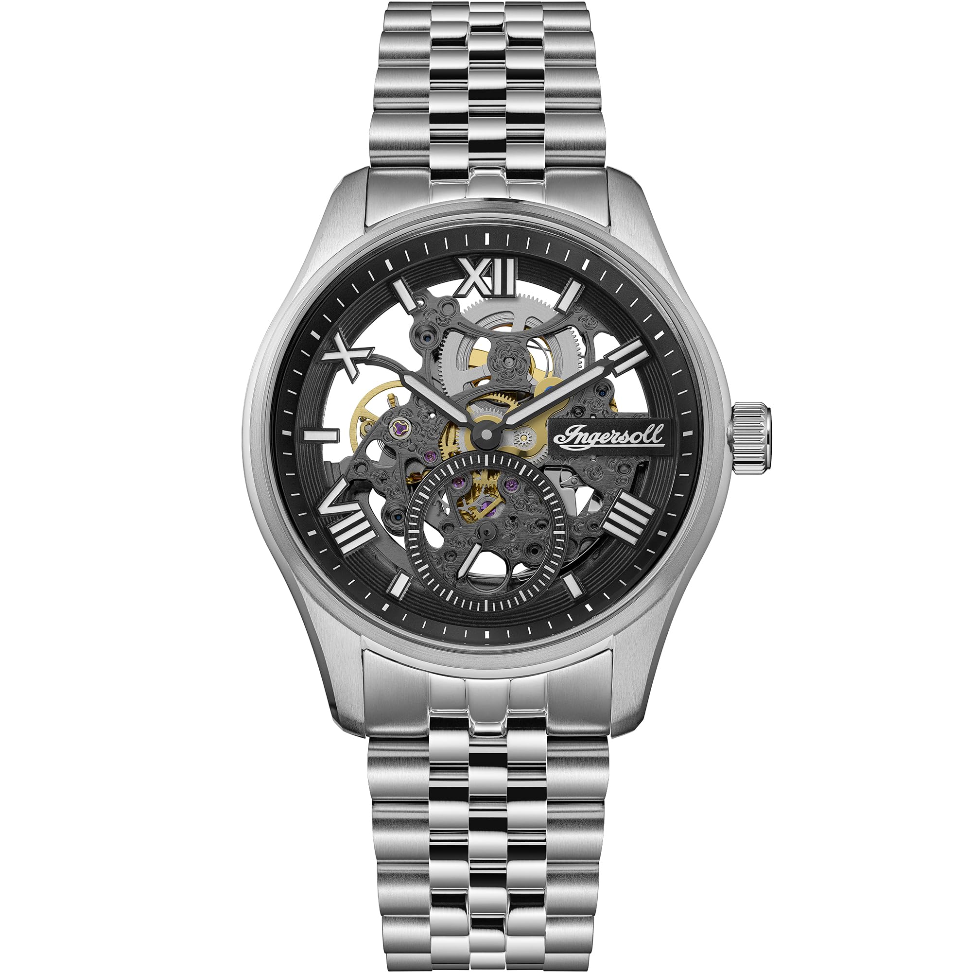 Ingersoll Die Wrangler Automatische Herrenuhr Schwarzes Skelett Zifferblatt Silberfarbnes Armband I17403