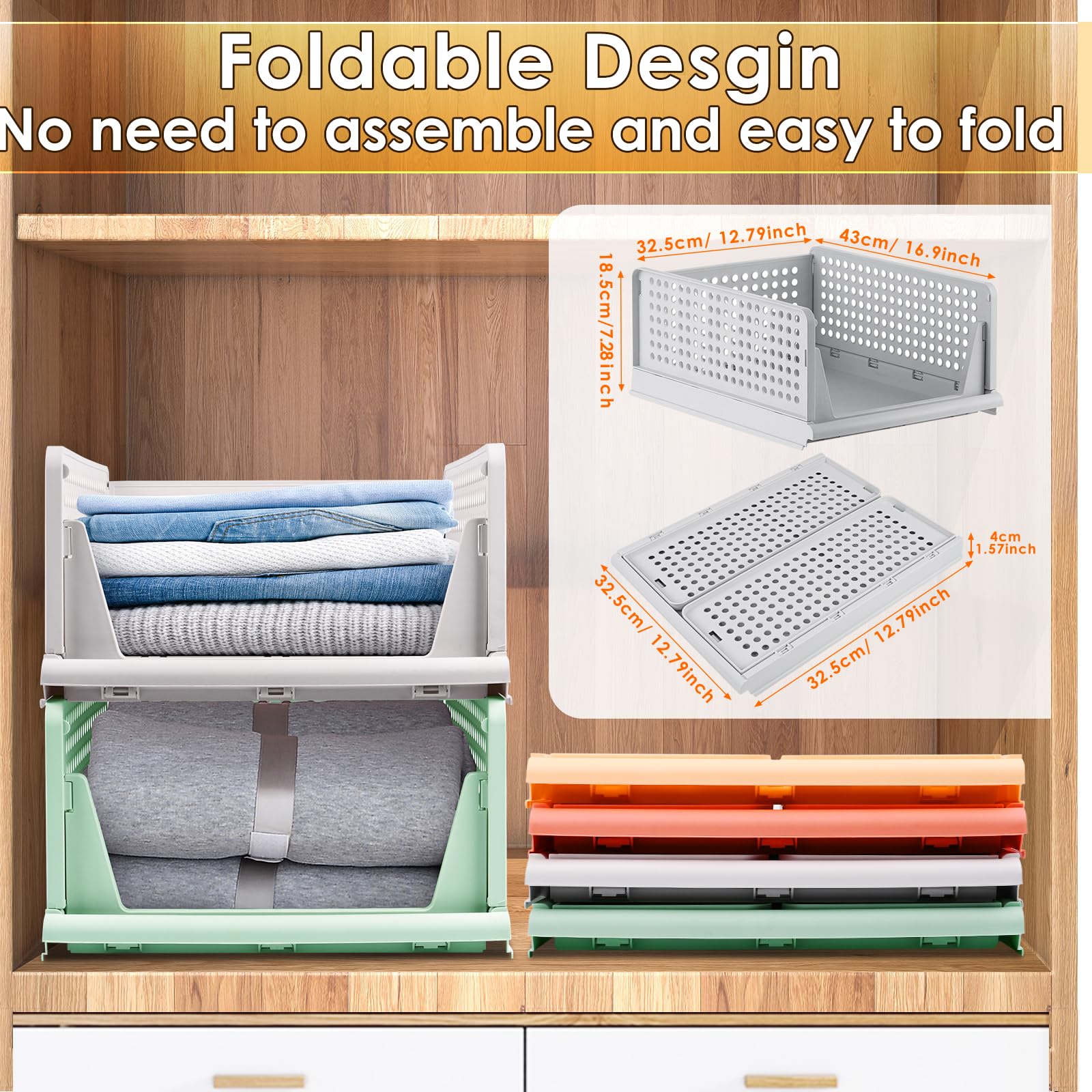 Glovios Set of 4 Foldable Storage Boxes, Stackable Drawer Organiser for Cupboards, Kitchen, Bathroom, Office (Colourful)