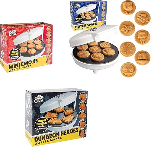 Waffle Wow! Paquete para hacer gofres: mini emojis, héroes del espacio exterior y mazmorras, planchas antiadherentes para gofres, hacer gofres o