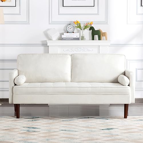 Sofá biplaza de terciopelo, 66.9 pulgadas, asientos pequeños y modernos de mediados de siglo con 2 almohadas y patas doradas, cómodo sofá para sala