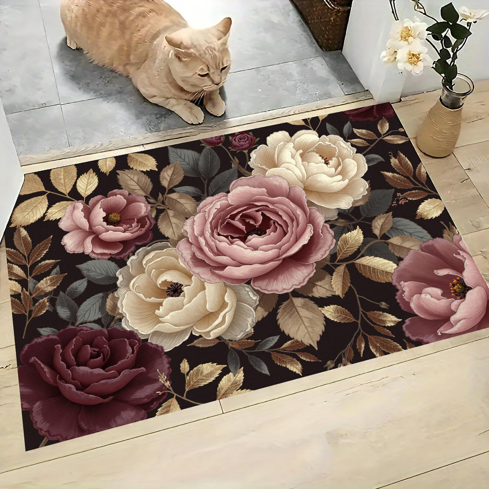 Tapis anti-salissures lavable et antidérapant motif pivoine pour couloir propre