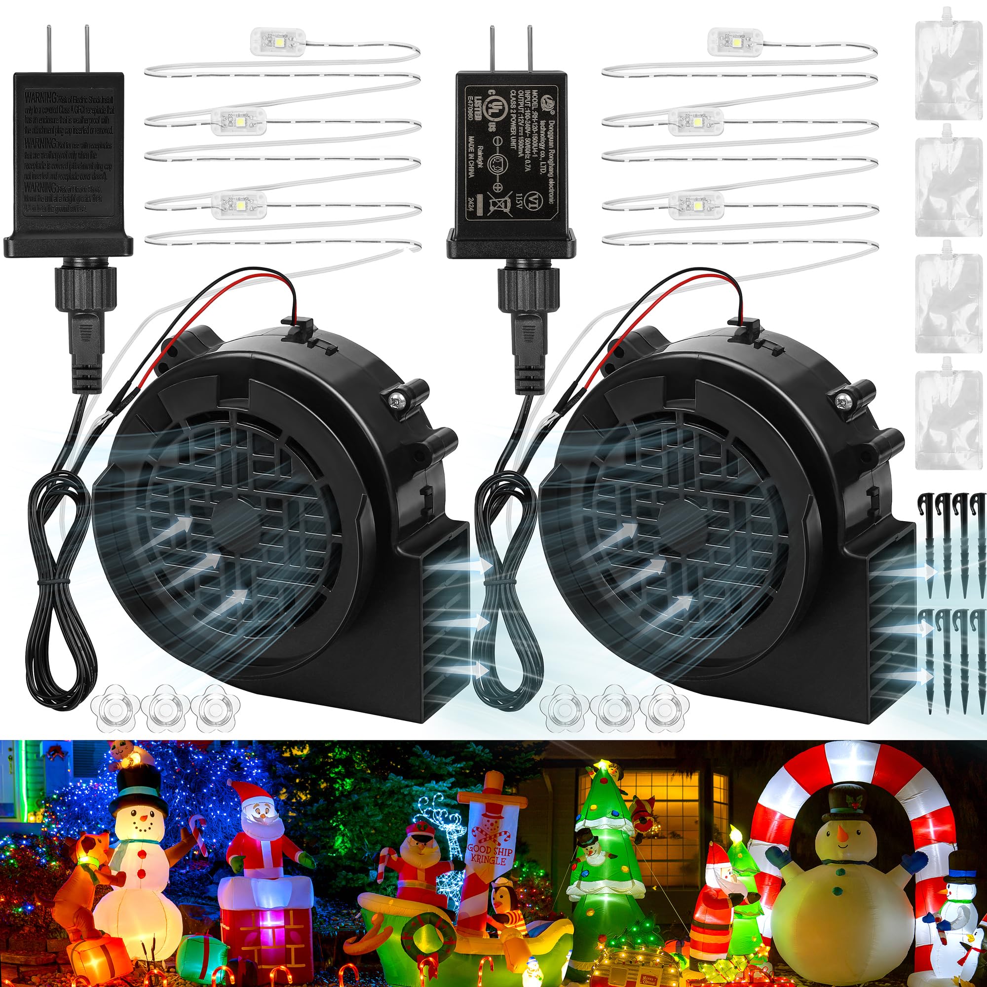 2 Set Christmas Inflatable Blower 1.2A Inflatable Fan Replacement Air Blower with 1.5A Adapter 6 LED Light String Tent Stake Weight Bag for Xmas Thanksgiving Halloween Yard Outdoor Decor