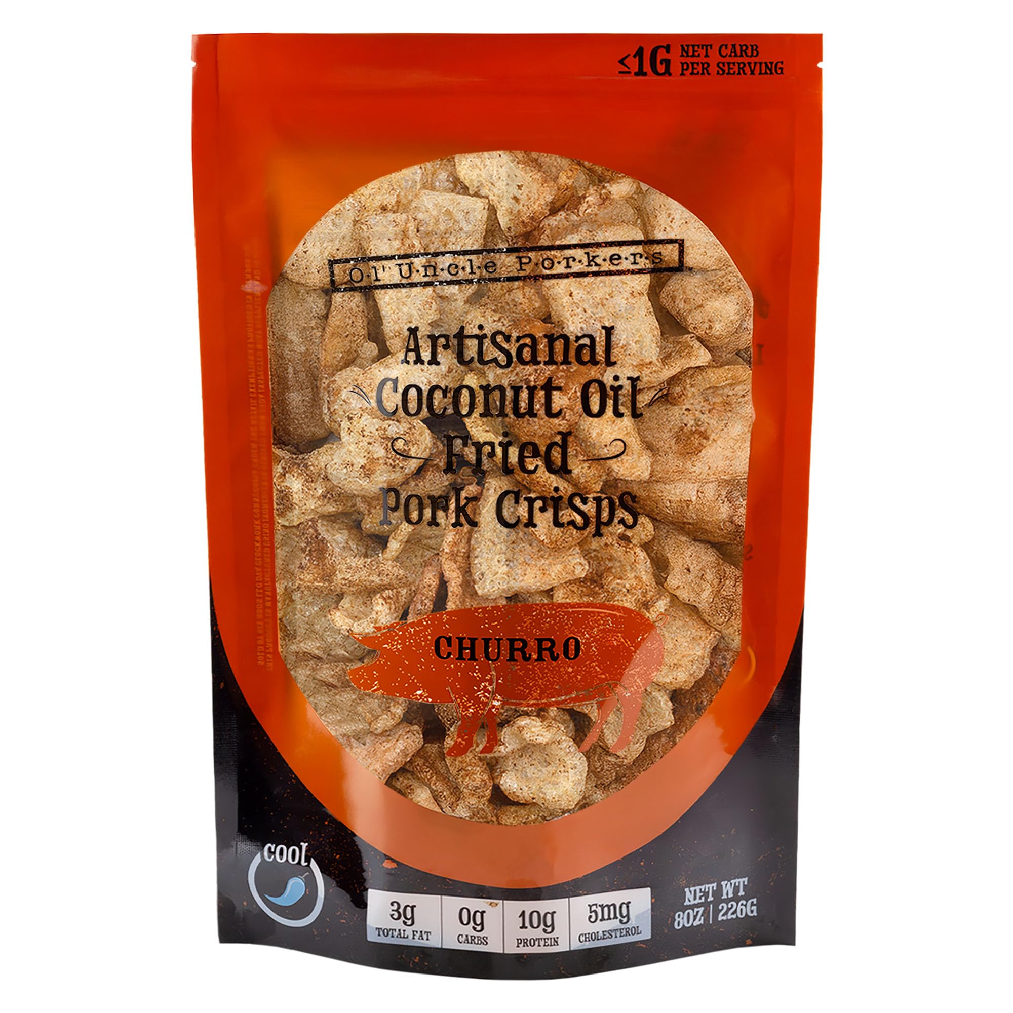 Ol' Uncle Porkers Keto-Friendly Pork Rinds Fried in Coconut Oil, 8 oz Bags, (Cinnamon Churro Flavor, Pack of 1)
