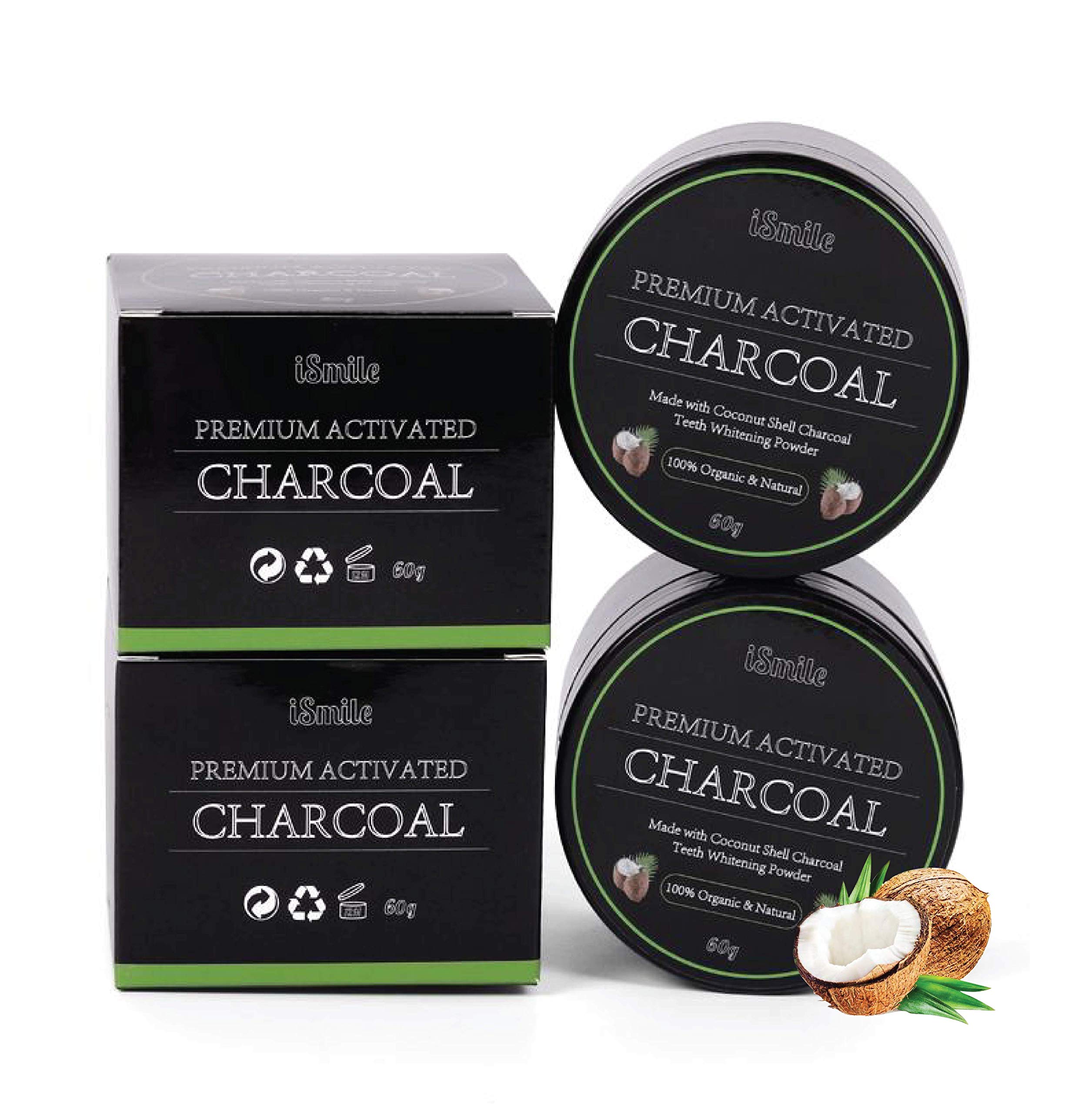 iSmile | Natural Activated Charcoal Powder Kit | Large Capacity Mint Flavoured Teeth Whitening Powder - for Removing Stains and Refreshing Breath (Includes: 2X 60g Activated Charcoal Jar)