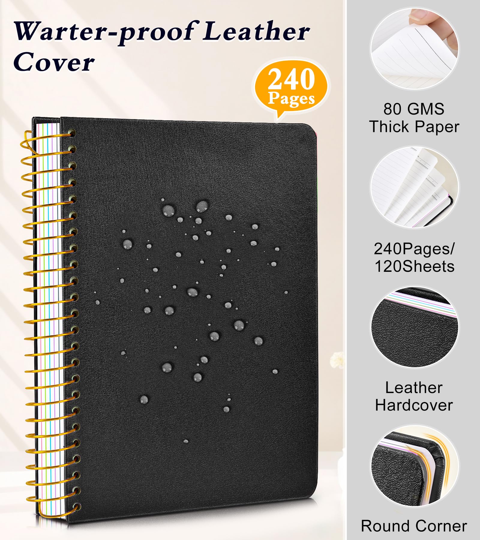 Cuaderno de 5 asignaturas a rayas con pestañas divisoras de bolsillo extraíbles, cuaderno en espiral de 240 páginas de 8.5 x 11 pulgadas, cuaderno rayado para mujeres, cuadernos de tapa dura para el