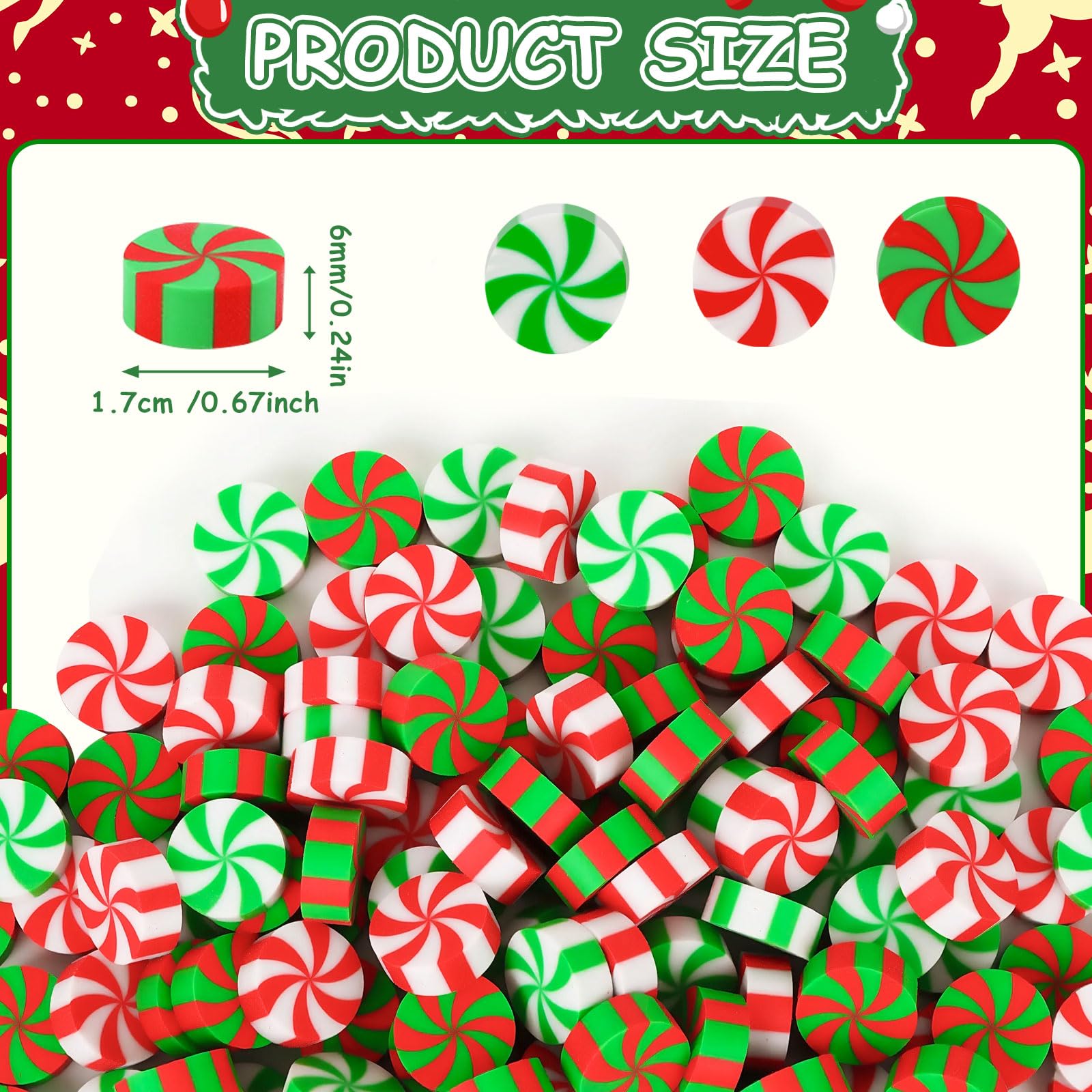 JUNEBRUSHS 150Pcs Christmas Erasers for Kids Bulk Cute Mini Peppermint Candy Cane Pencil Erasers Novelty Holiday Erasers for Student Classroom Rewards Christmas Prizes Gifts Stocking Stuffers - Image 2