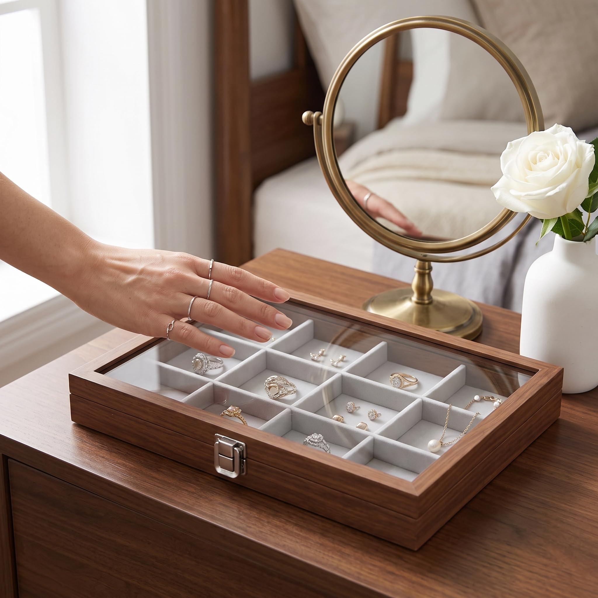 Boîte à bijoux en bois avec couvercle en verre, organisateur bijoux d'affichage pour montres et bagues, Rétro, Douze compartiments