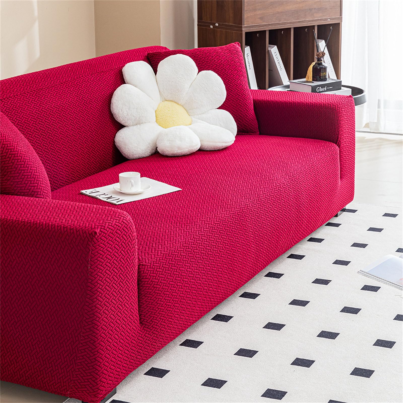 Odot Funda Sofa, Jacquard de Sarga Funda Sofa 4/3/2/1 Plazas Lavables, Fundas Sofas Ajustables, Universal para Familias Cubre Sofa, Fundas Sofa Elasticas (2 plazas,Rojo)