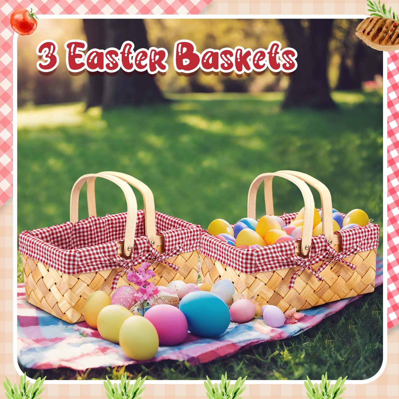 Sintuff Picknickkörbe mit Griff, handgewebter Erntekorb mit rotem und weißem Gingham-Decken-Innenfutter, Ostern, Holz, leere Körbe für Geschenke, Blumen, Eier, Süßigkeiten, Aufbewahrung, Organisation