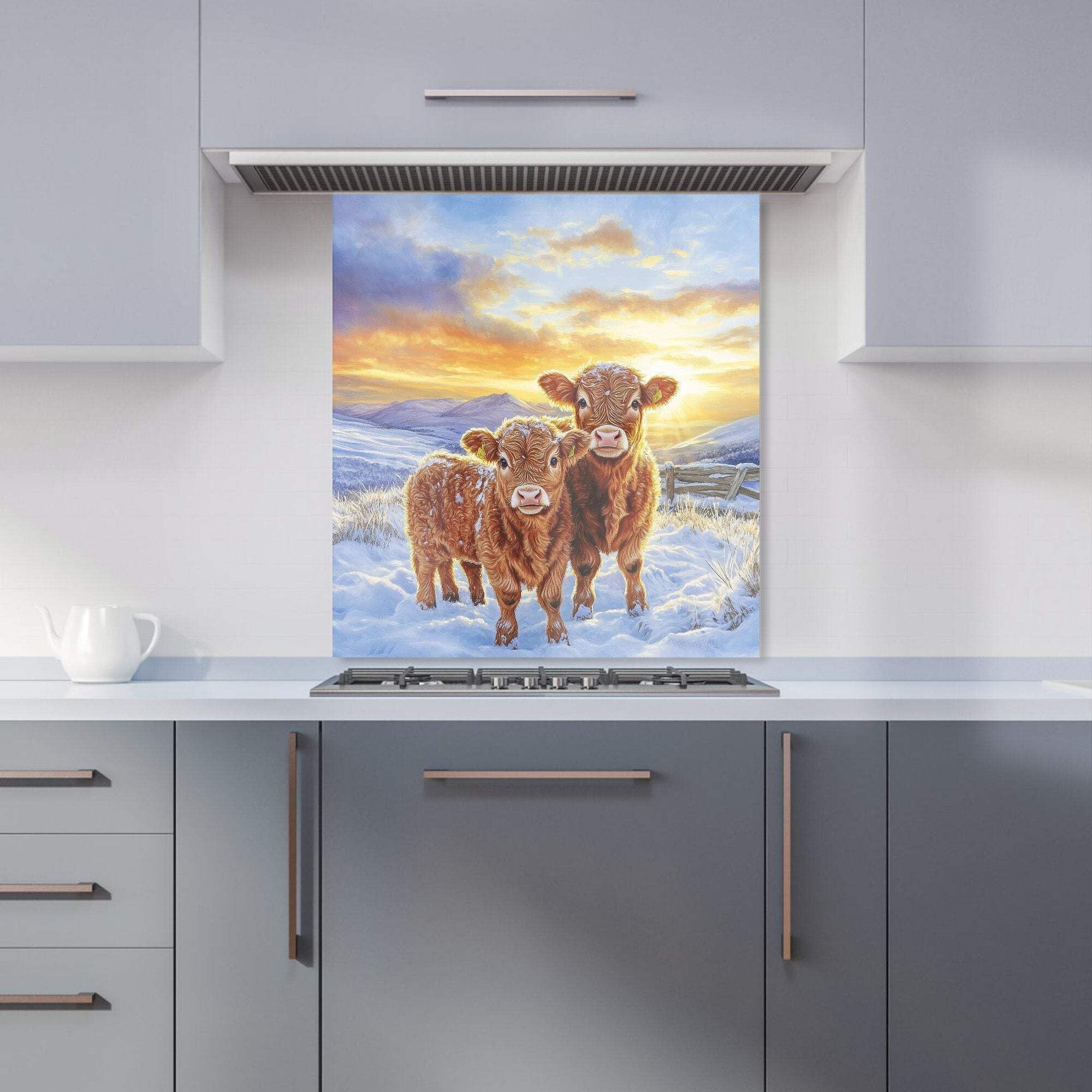 Warren Reed - Designer Premium Snowy Baby Highland Cows Kitchen Splashback 6Mm Toughened Glass Kitchen Splashback – Heat Resistant Splashback For Kitchens, Perfect For Cookers And Hobs, Polished Edges
