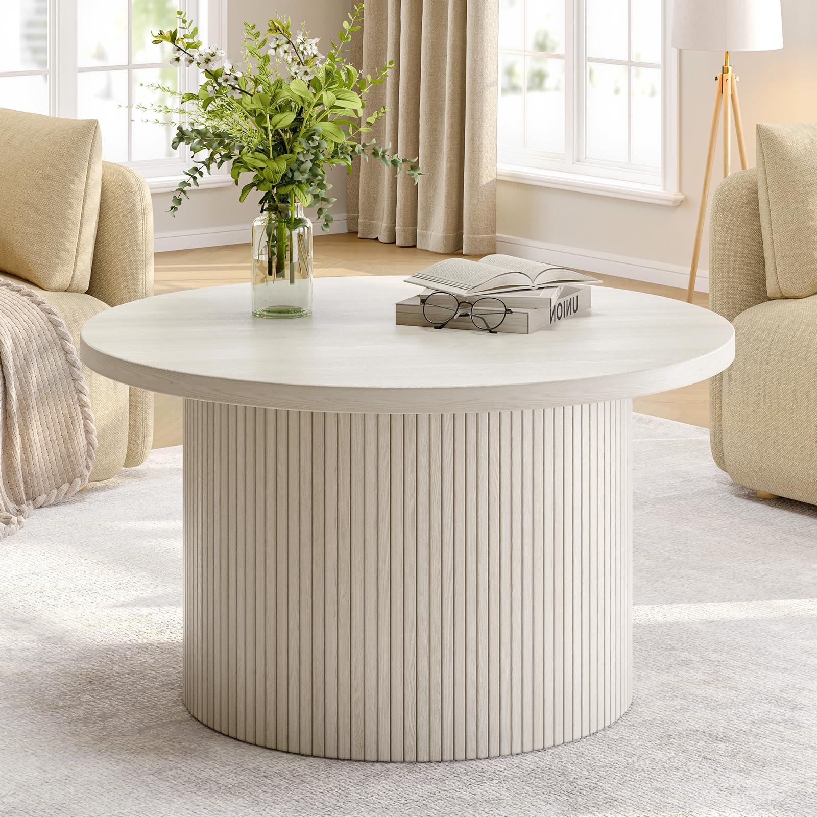 onbrill 31.5" round coffee table, tambour design coffee tables for living room, mid century modern wood coffee table, drum accent small center table, natural white