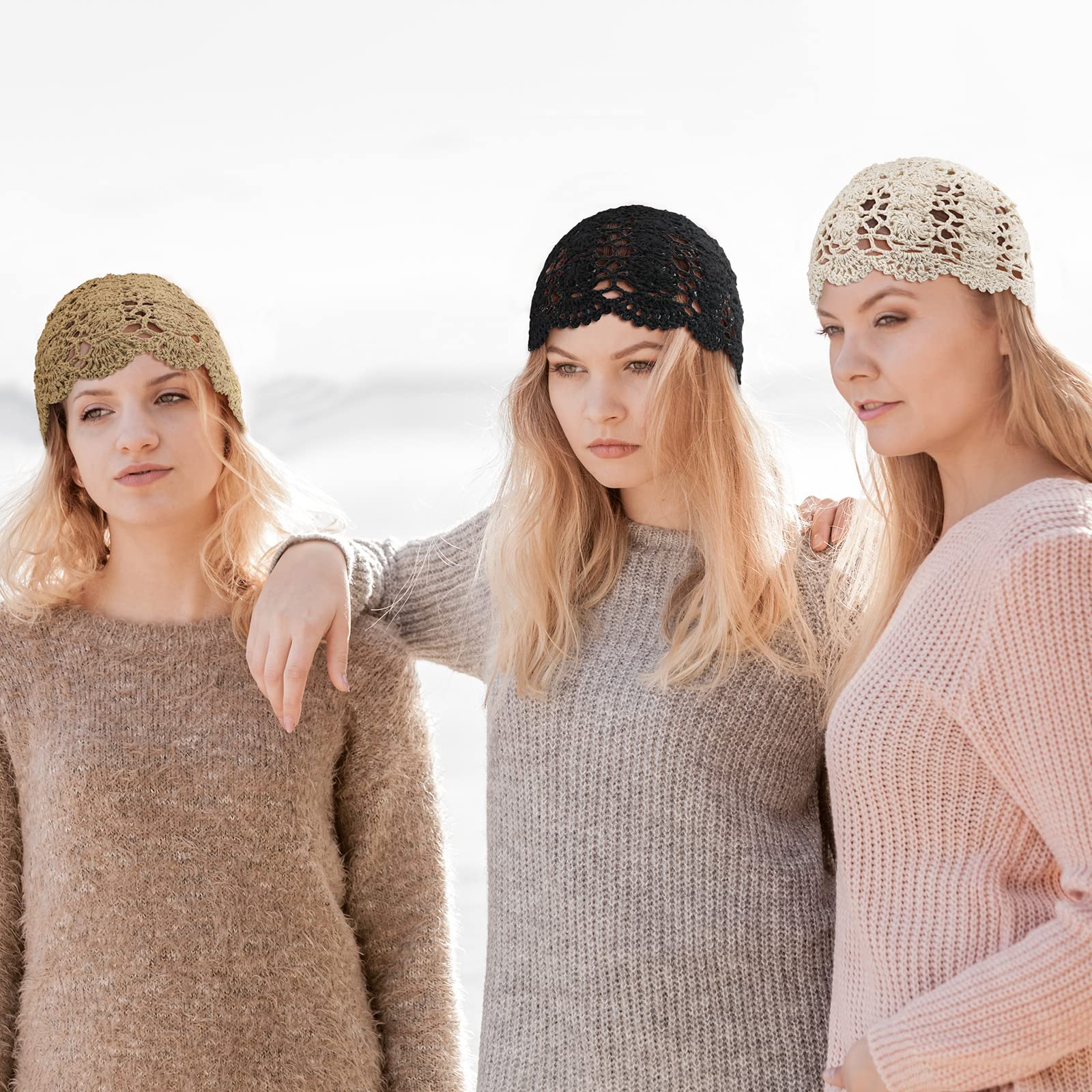 Newcotte 3 Pcs Crochet Slouchy Beanie Hat Women Handmade Knit Floral Summer Skull Cap Stretchy Lightweight Cotton Cutout