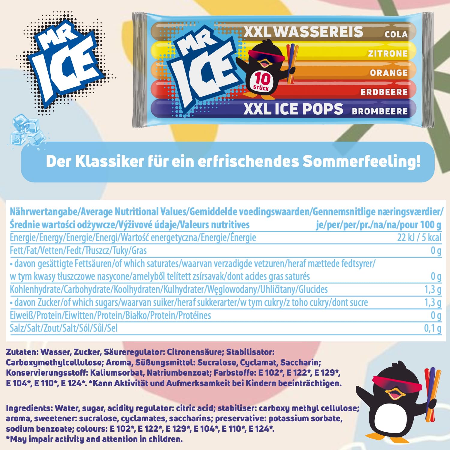 MR ICE Wassereis XXL 30 x 600ml | 300 x bâtonnets de glace aux fruits avec 60ml chacun - Gros paquet de bâtonnets de glace avec 5 x saveurs | à congeler