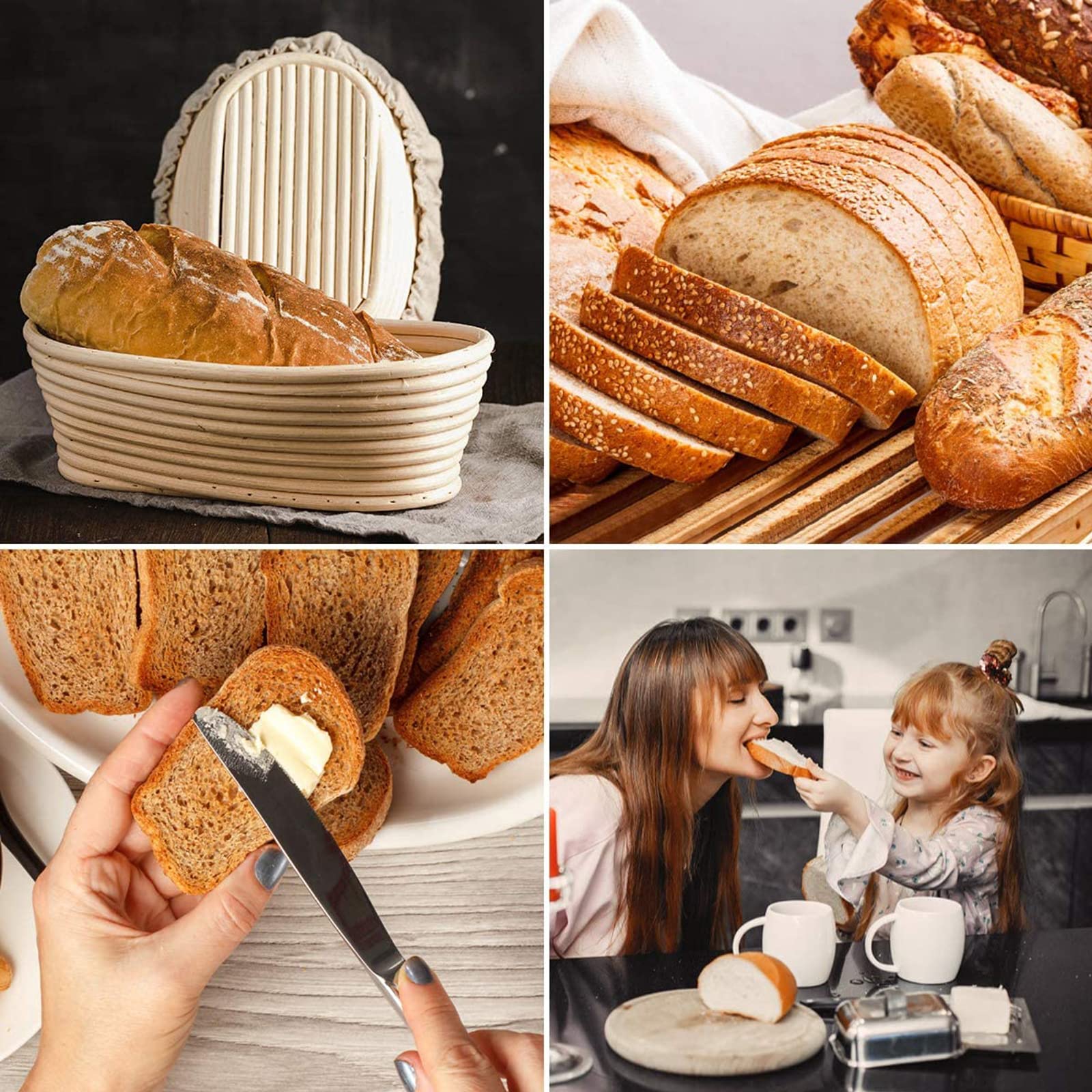 Lot de 2 Paniers à Pain de Ovales,Banneton en Rotin Naturel,Brotform Corbeille Fermentation Imperméabilité,avec Linen Fabric Doublure,Racleur,pour 750g de Pâte,Pizza et Pâtisserie au Levain,25x15 x8cm