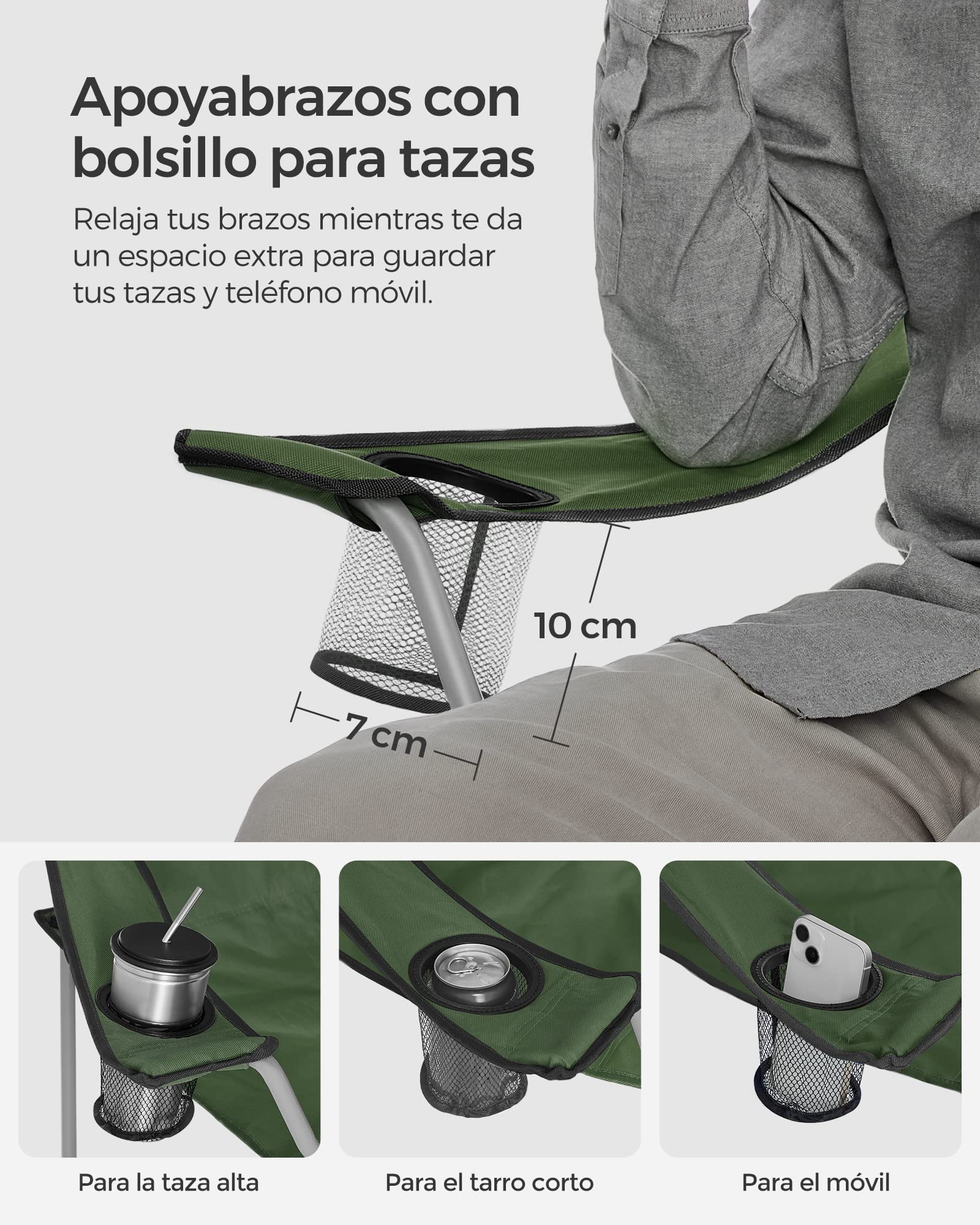SONGMICS Składane krzesło kempingowe, zestaw 2 sztuk, krzesło wędkarskie, z podłokietnikiem, uchwyt na kubek, przenośne, składane, pojemność 120 kg, kamping, ogród, wędkarstwo, plaża, taras, oliwkowa