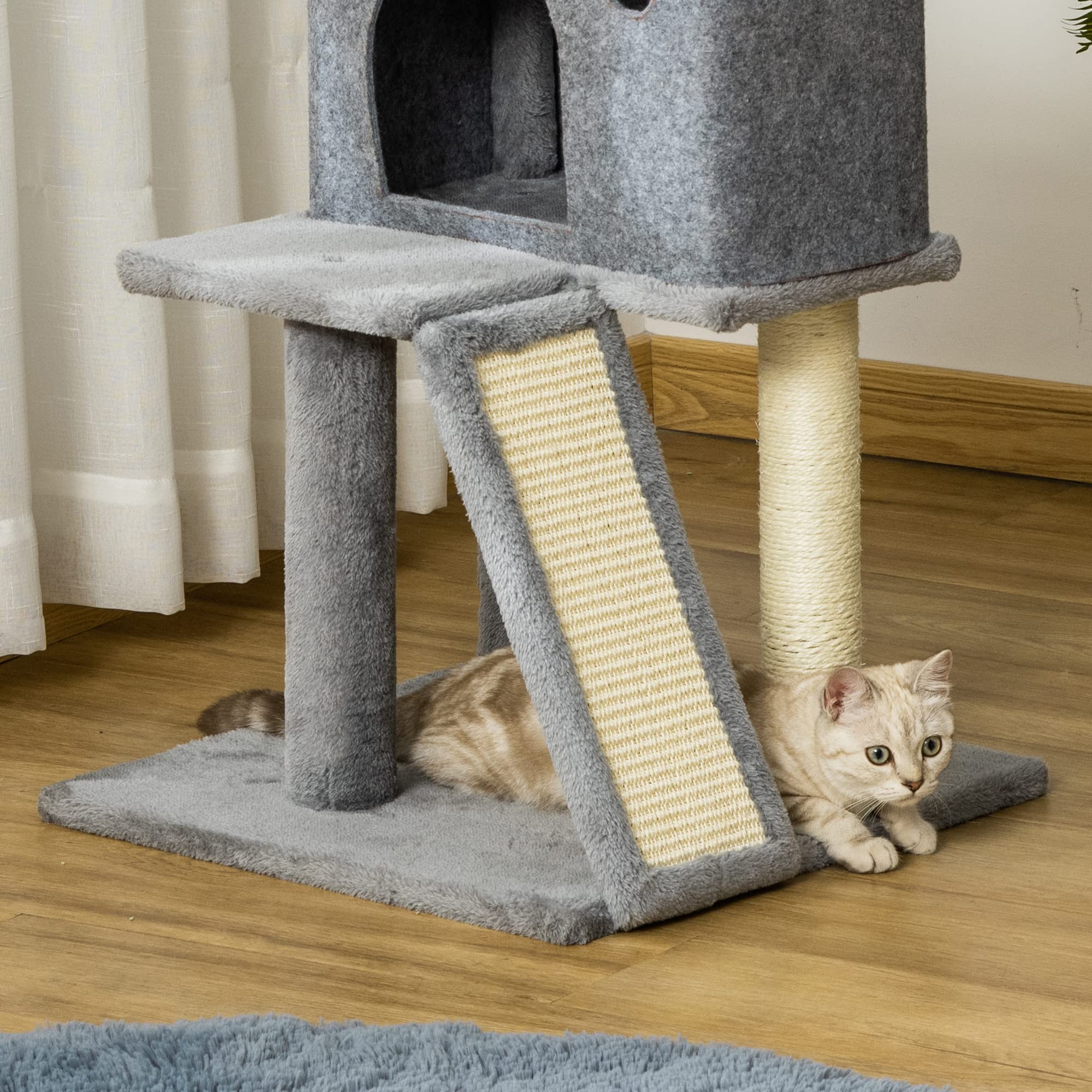 PawHut Arbre à Chat Griffoir Grattoir Tour de Jeu avec Niche 125 cm Gris | Plate-Formes, Balle Suspendue