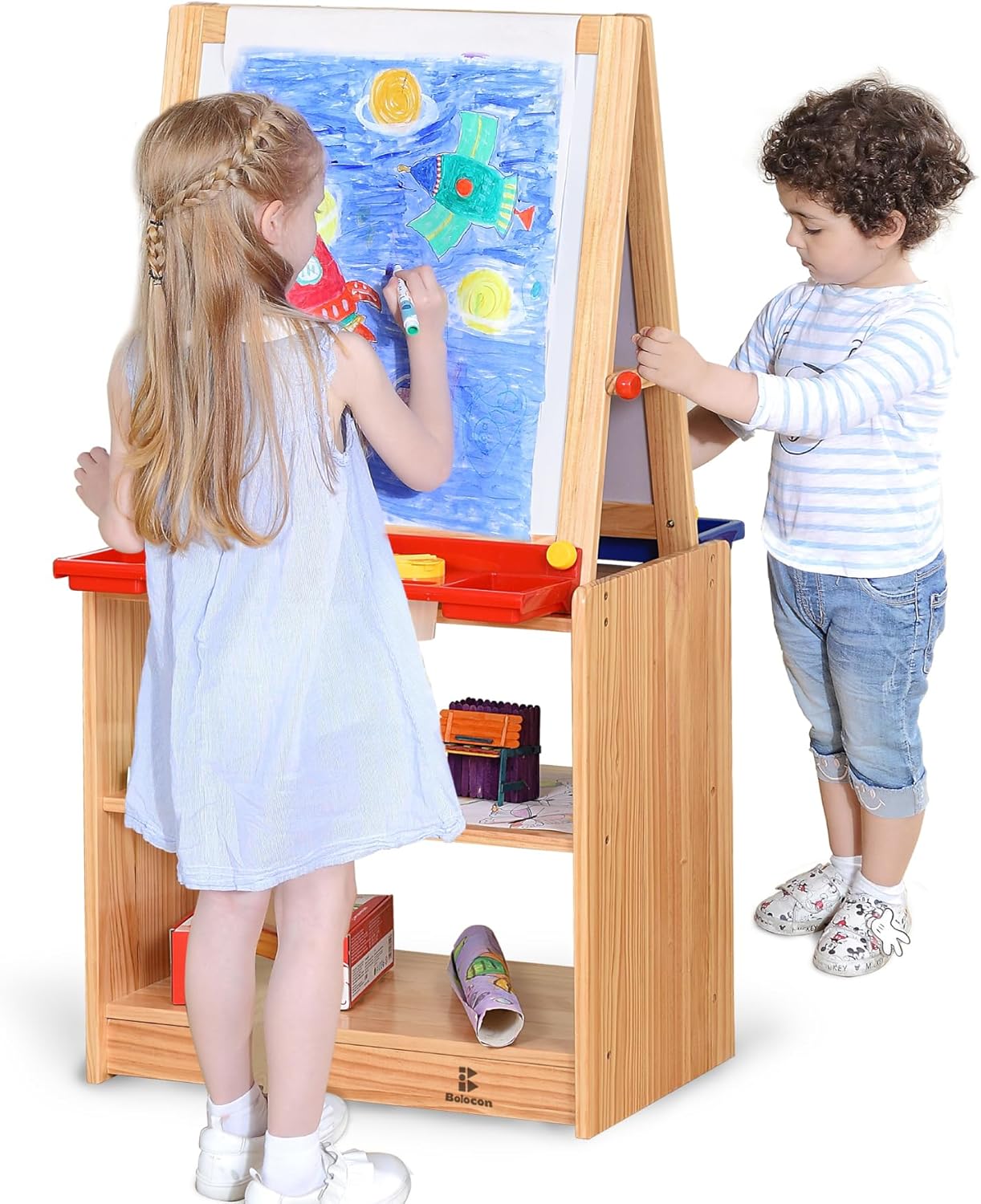 Dual-Sided Magnetic Art Easel, Wooden Activity Station w/ 2-Tier Storage Cabinet, Art Center for Toddlers, Classroom Whiteboard & Chalkboard