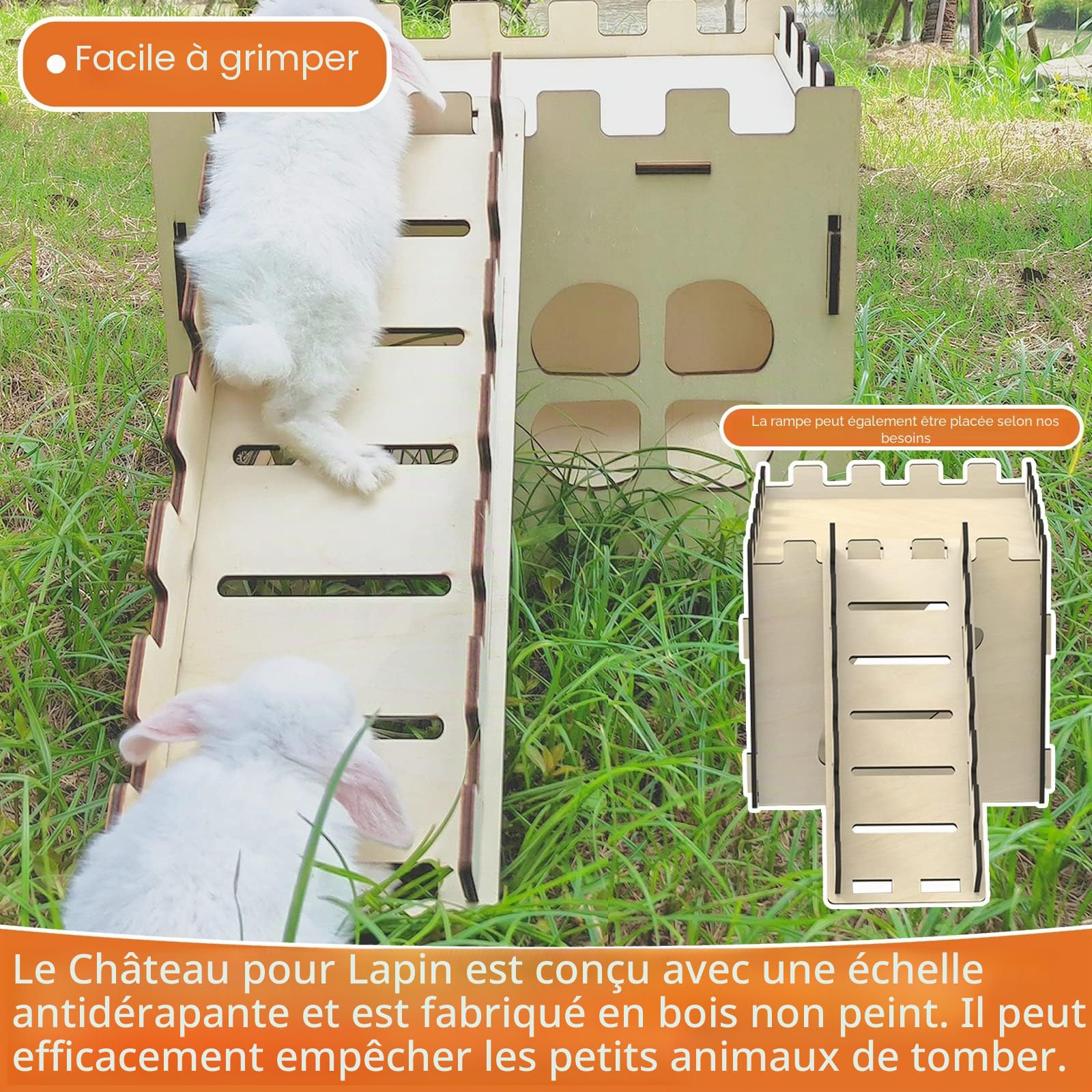 HIIMALEX Cachette de lapin extra large et robuste pour intérieur - Maison de jeu avec escaliers - Bords arrondis - Habitats amovibles pour lapin, hérisson, cochon d'Inde, chinchilla, hamster, gerbille