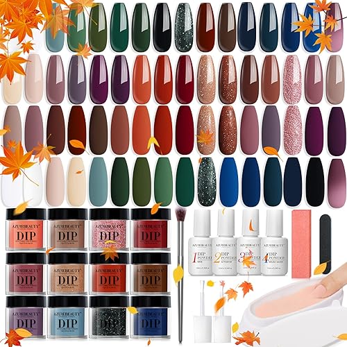 AZUREBEAUTY 42Pcs Dip Powder Nail Kit Starter, 32 Colors Fall Set Green Nude Brown Blue Dipping Powder Set with Top/Base Coat & Recycling Tray for French Art Manicure Salon