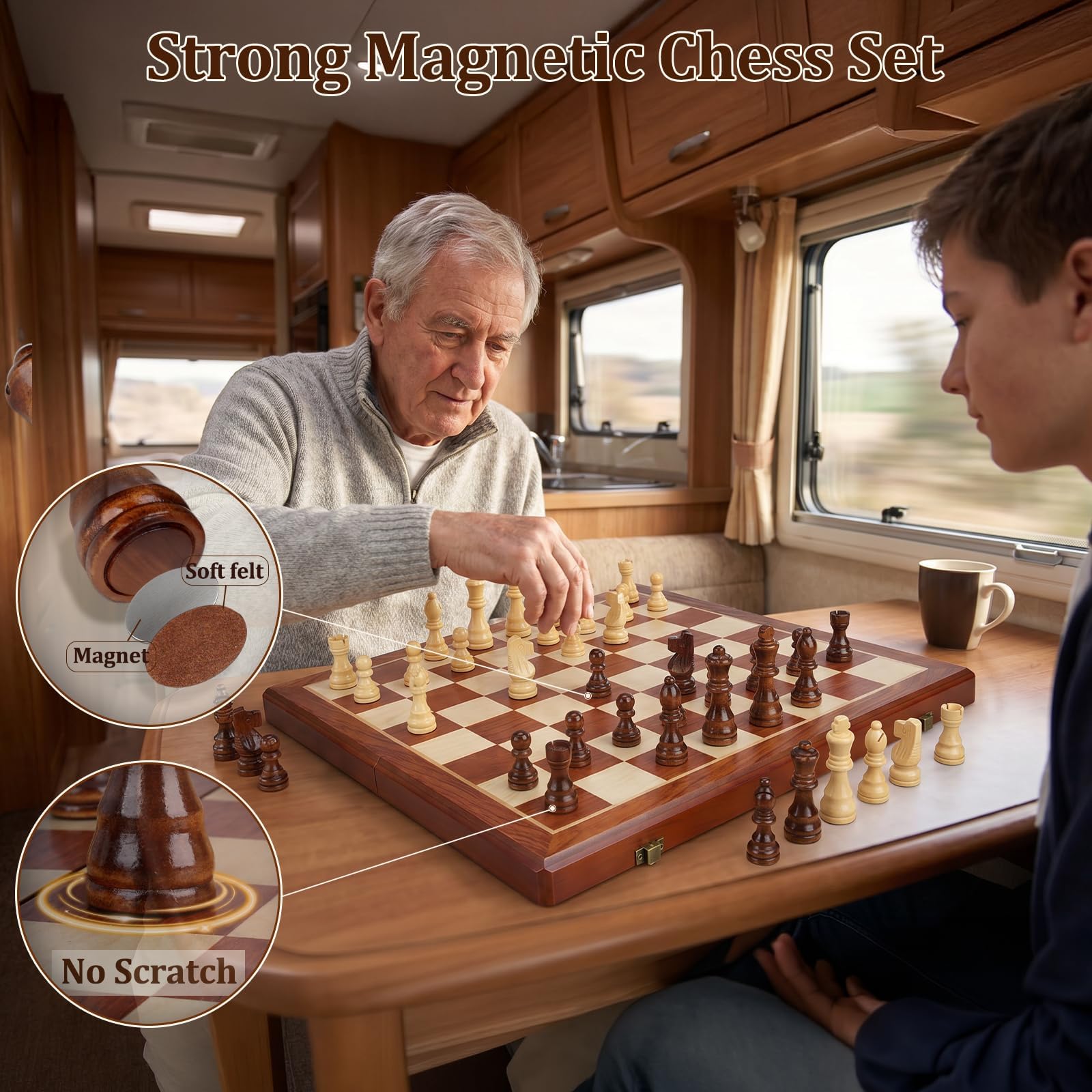 Magnetisches Schach-Set aus Holz für Erwachsene und Kinder, handgefertigt, faltbar, mit individuellen Aufbewahrungsfächern, 2 zusätzlichen Königinnen, tragbares Reise-Schach-Set, Heim- und