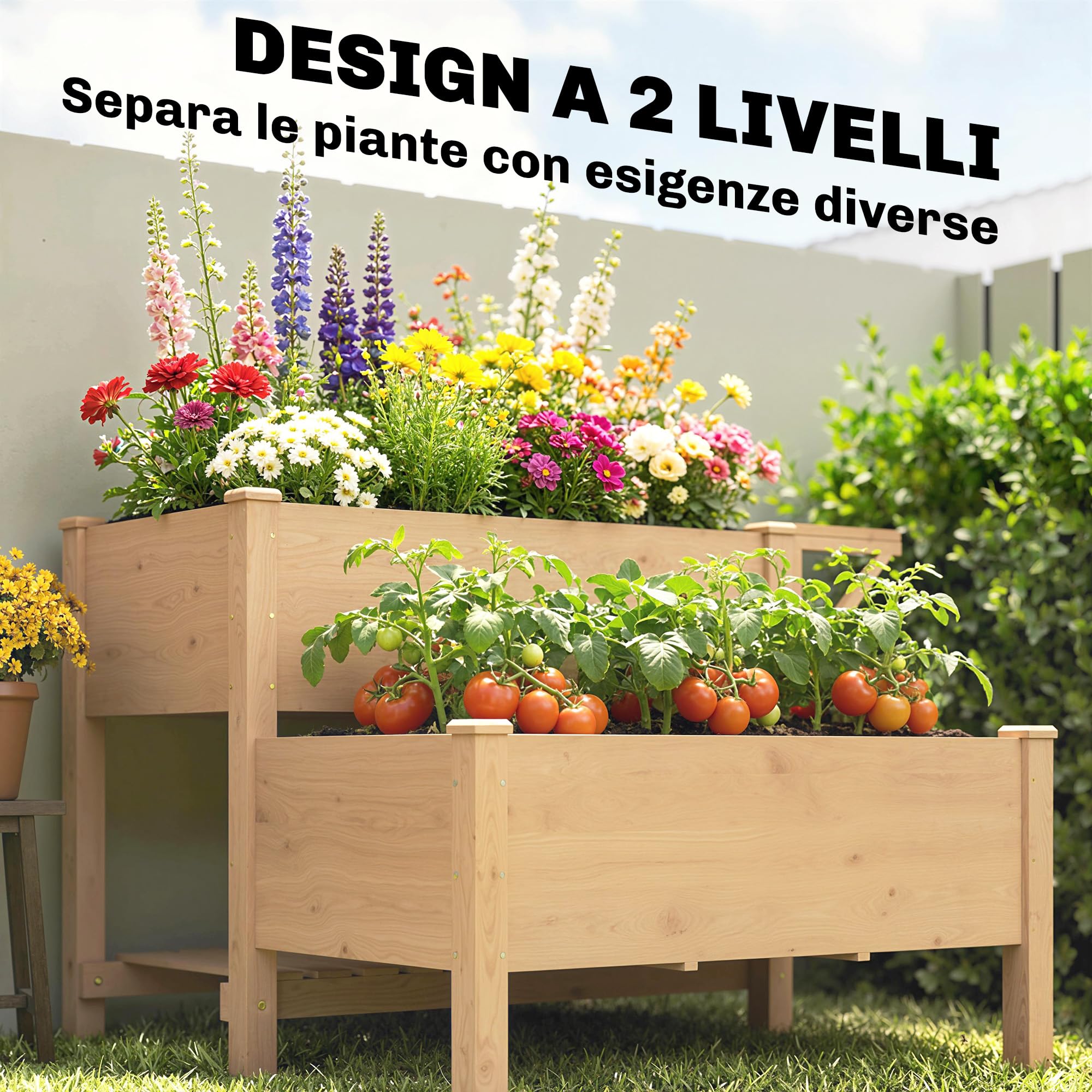 Outsunny Letto per Orto Rialzato a 2 Livelli con Ripiani Laterale e Inferiore, Fioriera Rialzata da Esterno in Abete con Fodera e Fori di Drenaggio, per Fiori Verdure, 119.5x102x76.5cm, Marrone Chiaro