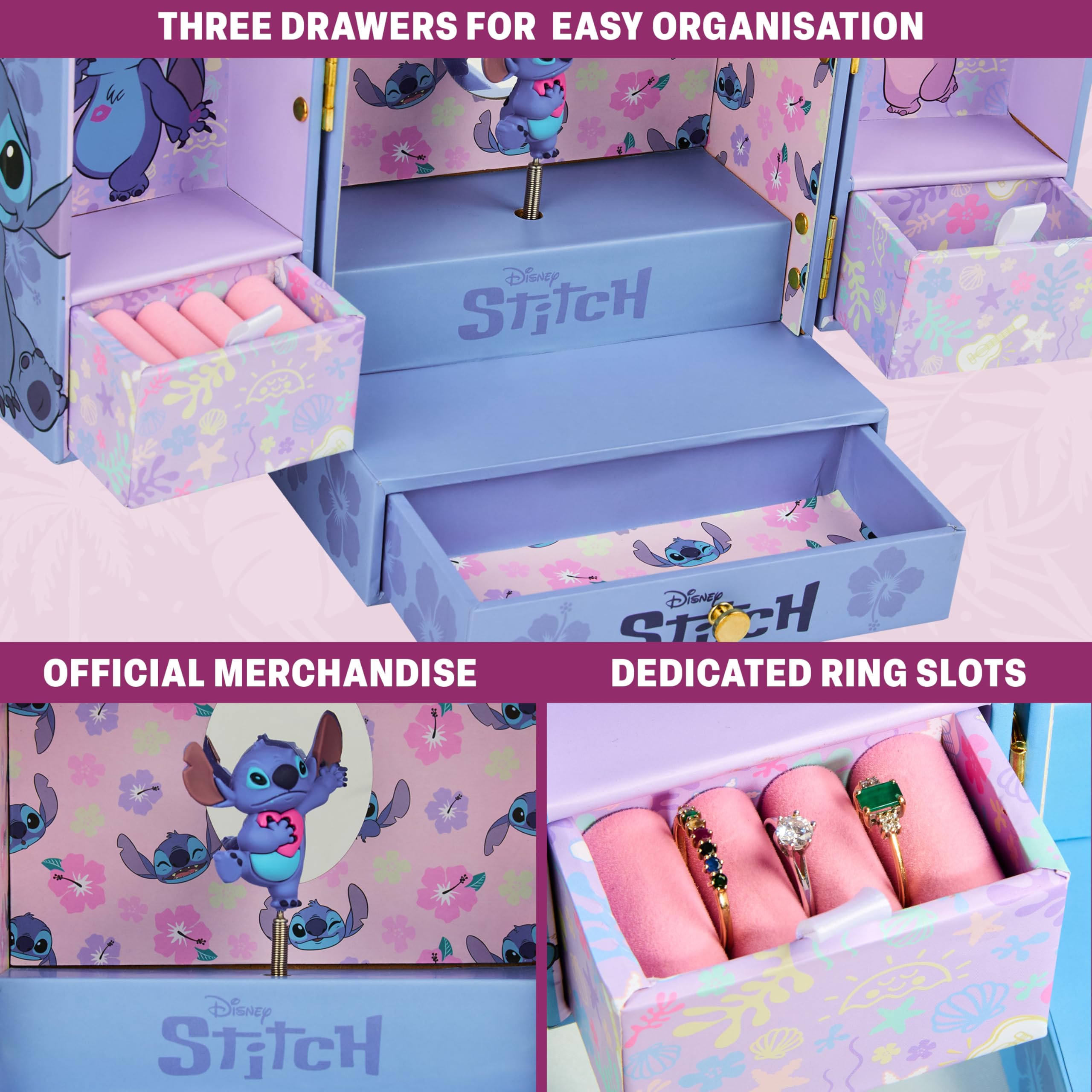 Get Trend Disney Stitch Musical Jewellery Box Girls Gift Ideas Tweens Bedroom Decor Wind Up Music Box with Mirror and Storage Drawers Gifts for Her (Blue Stitch) - Image 4