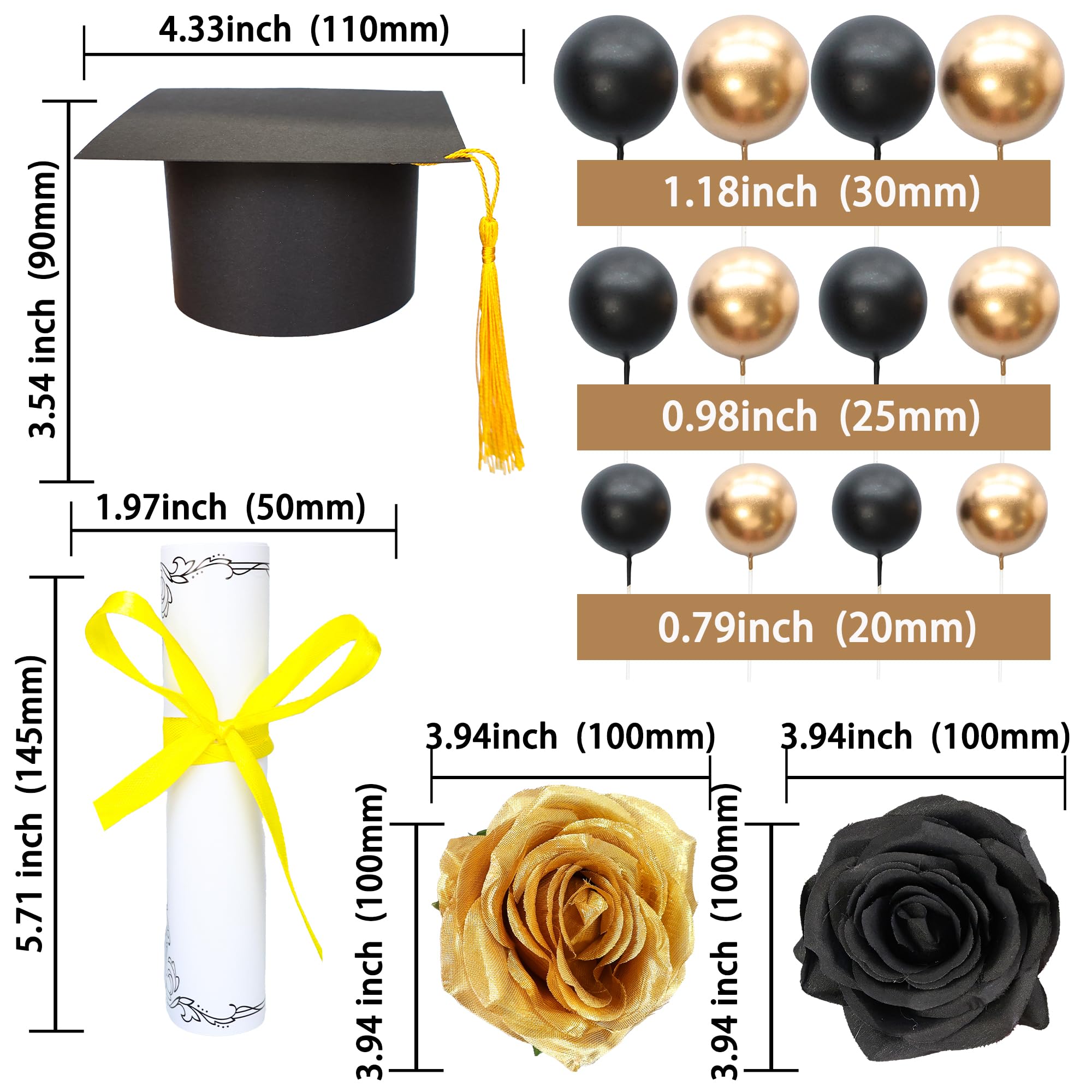 Gyufise 40Pcs 2026 Graduation Cake Topper Decoration Diploma Done Diploma Grad Cap Cake Pick Balloon Flower Prom 2026 Cake Decorations for Class of 2026 Congrats Grad Party Supplies Black Gold - Image 3