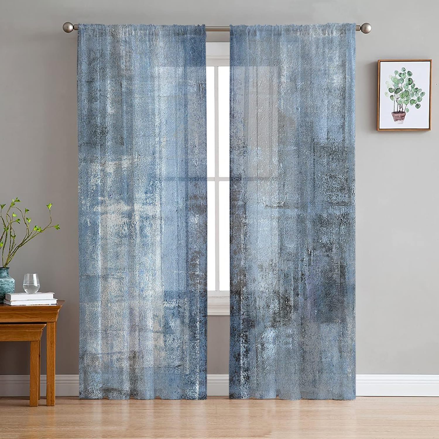 Abstract Blue Sheer Curtains 72 Inch Length 2 Panels Set