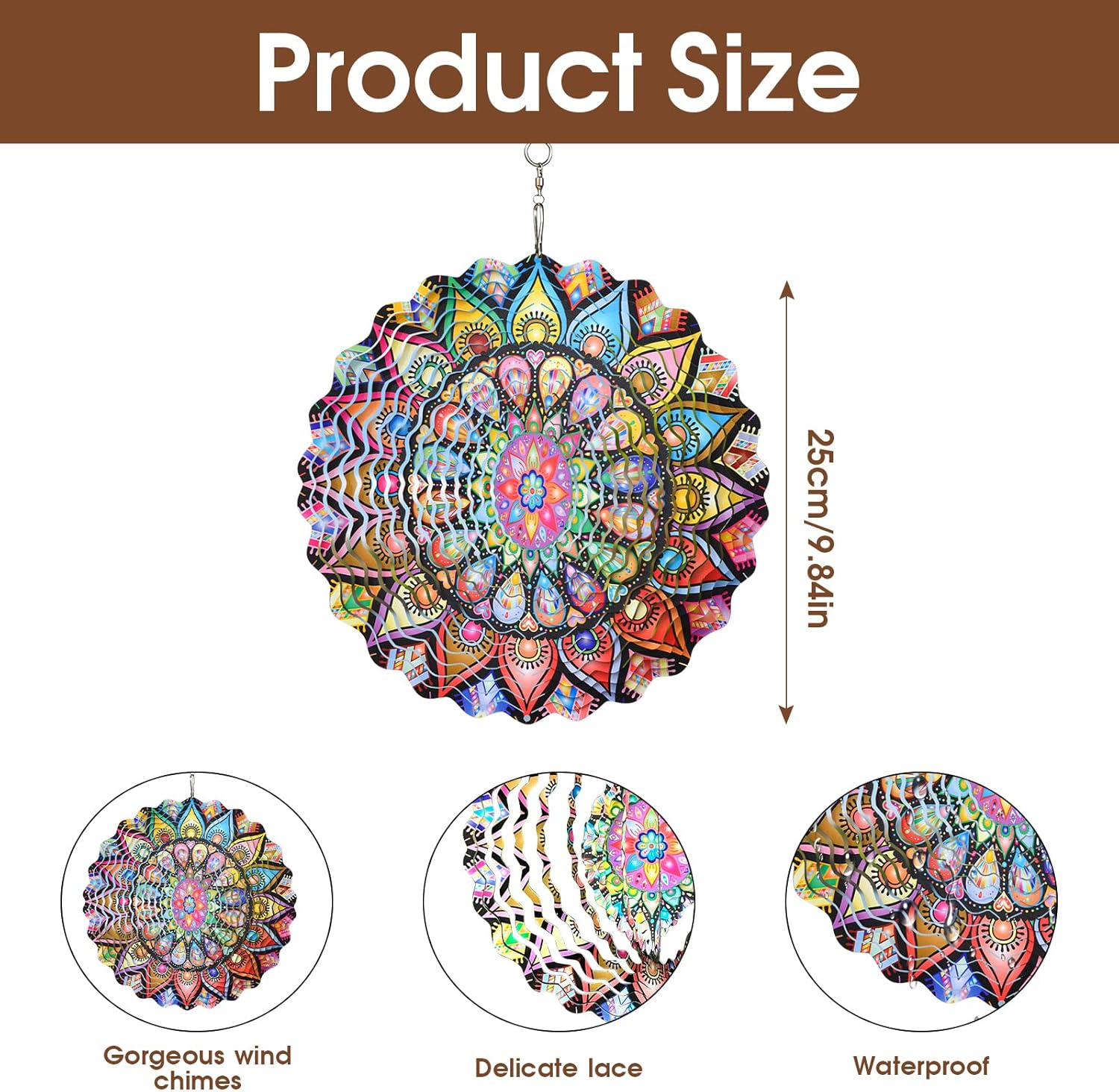 Yu Sen Kai Stainless Steel Wind Spinner, 9.84 Inch 3D Kinetic Hanging Sculpture, Multi Color Mandala Garden Art, Indoor Outdoor Decorative Ornament for Yard Patio Lawn