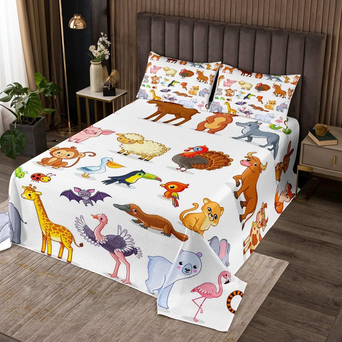 Monkey Tiger Quilted Coverlet Set Fox Cat Quilted Bedspread for Kids Boys Girls Rabbit Bear Cow Cartoon Zoo Animal Room 2Pcs Single Size