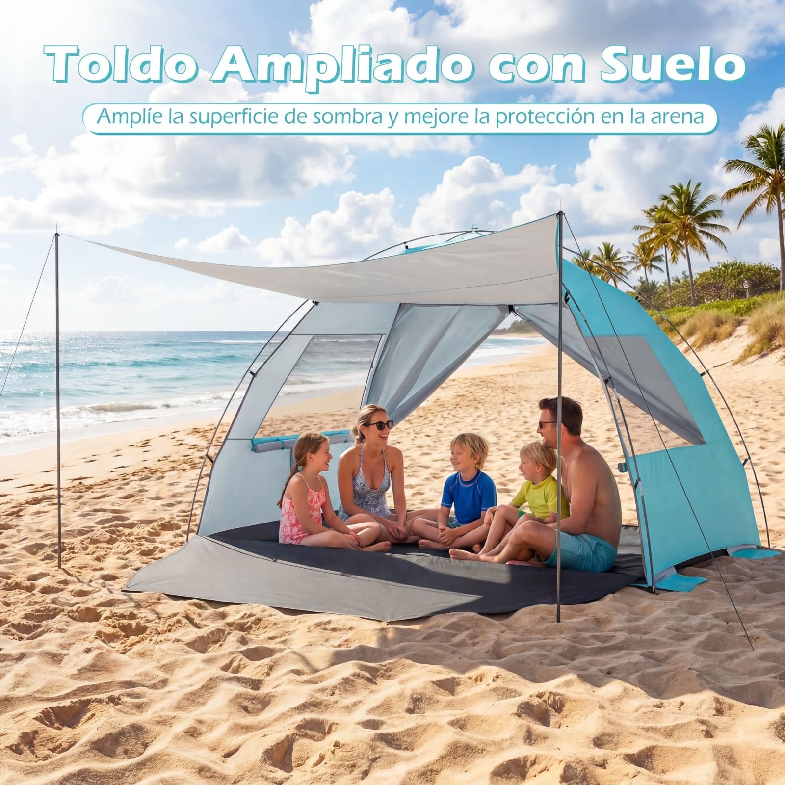 COSTWAY Tienda de Playa Plegable, 3-4/5-6 Personas, Carpa Camping con Toldo,Protección Solar UPF50+, Revestimiento Plateado, Bolsa de Transporte, Ventanas, Tienda de Campaña (260 x 150 x 160 cm,Azul)