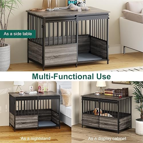 Vista 15 de Mueble grande para perros de 41 pulgadas, con divisor extraíble y puertas dobles, jaulas de madera para 2 perros, mesa de jaula para perros grandes