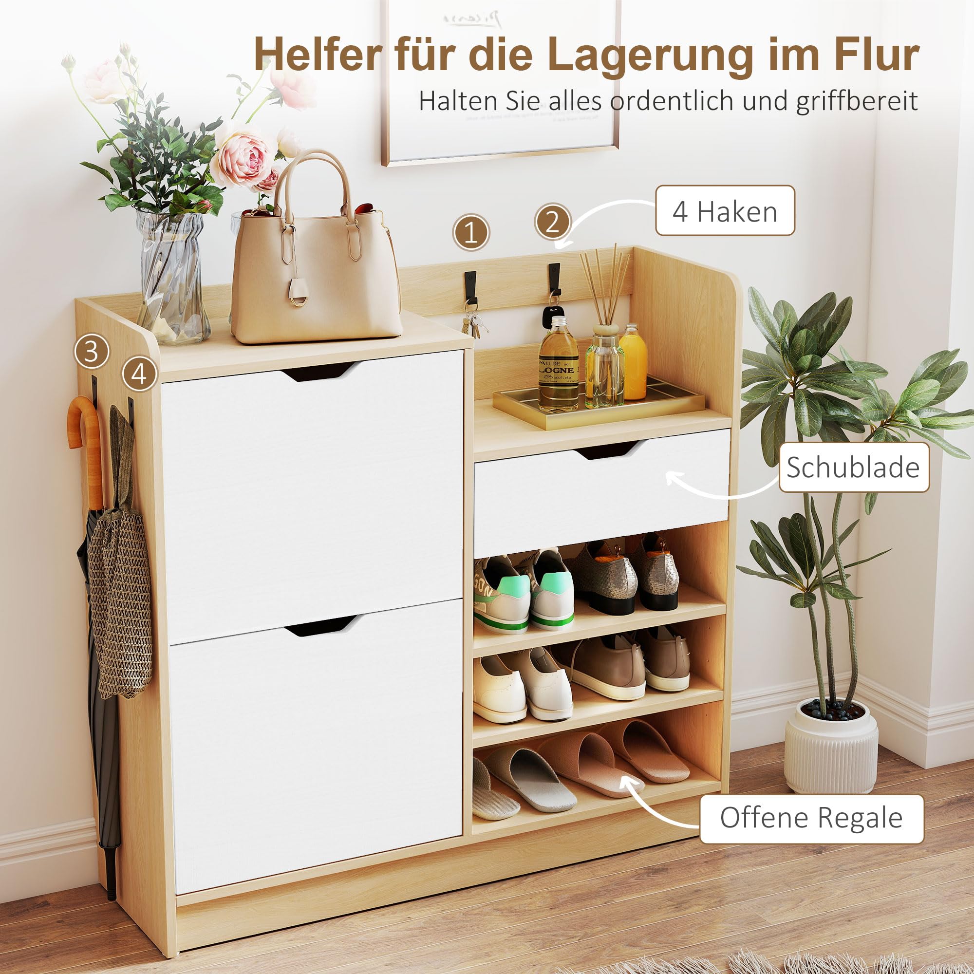 HOMCOM Schuhschrank mit 2 Klappen, Multifunktional Schuhkipper, Schuhregal mit offenen Fächern, verstellbar Trennwand, Haken Schuhkommode für 14 Paar Schuhe 93 x 30 x 90 cm, Natur