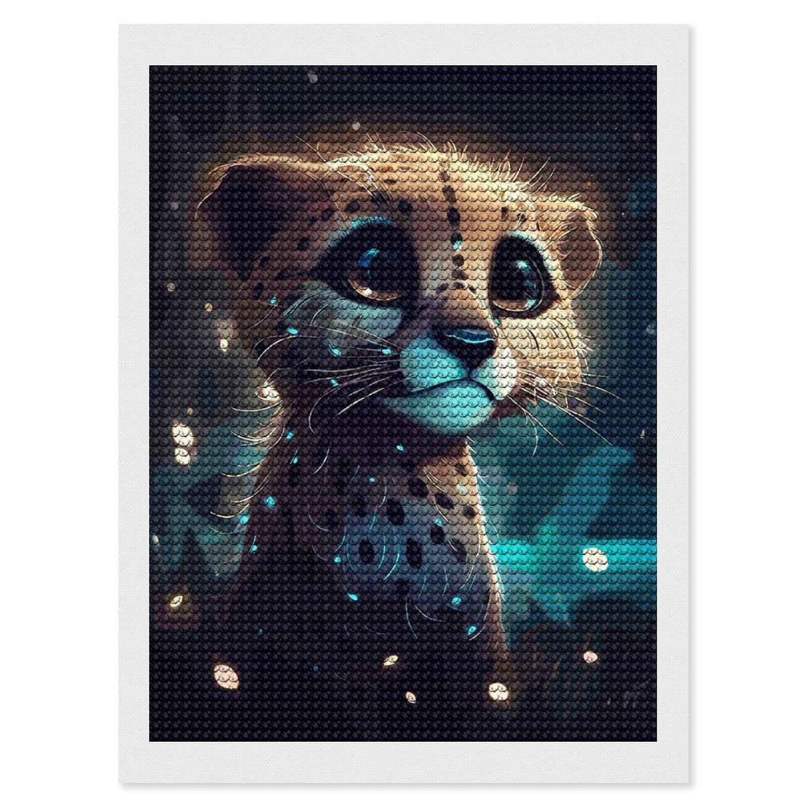 Junmoney Cheetah Cub in The Night Diamond Art Canvas 12"x16", for Adults, Pleasing Wall Art Project, Modern Decor, Gift Idea, Nice Detail and Sparkle