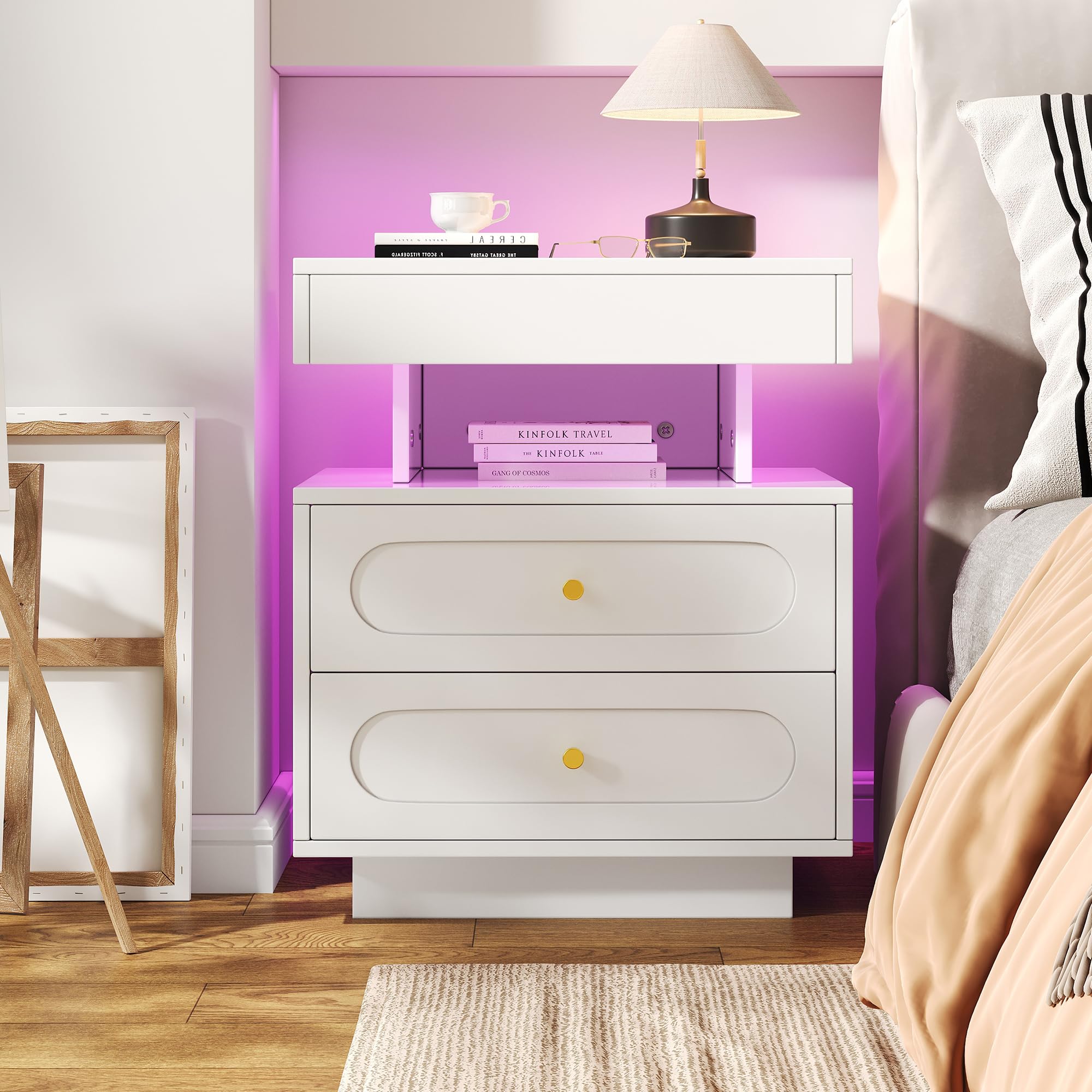 Mesita de noche con iluminación LED, cómoda de noche con 2 cajones, 1 espacio de almacenamiento abierto, blanco, ancho 50/T40/alto 60 cm