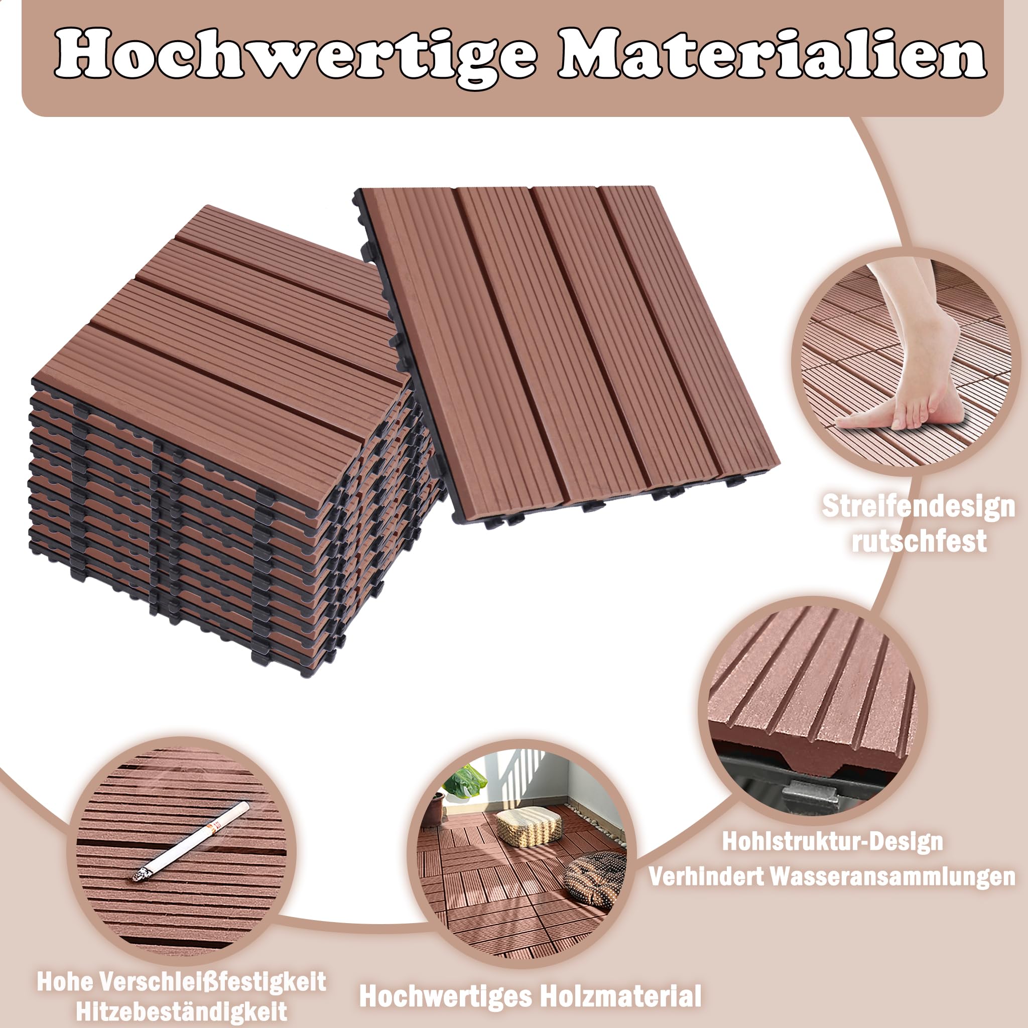 HENGMEI Piastrelle per terrazze in WPC, 30 x 60 cm, con sistema a clic, 5 m²/30 pezzi, per terrazze e balconi, marrone