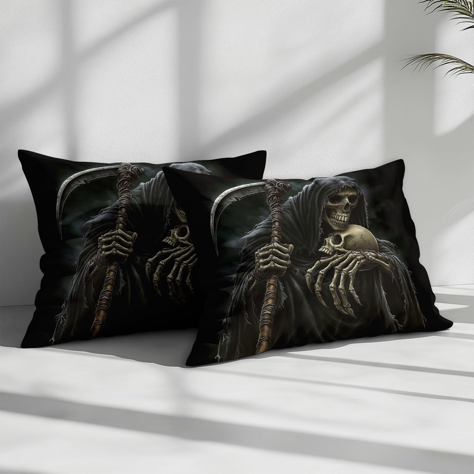 Juego de funda de edredón individual de Halloween, esqueleto de la muerte oscura con estampado 3D, microfibra de poliéster cepillado suave, color negro, reversible, transpirable, suave, para niños y