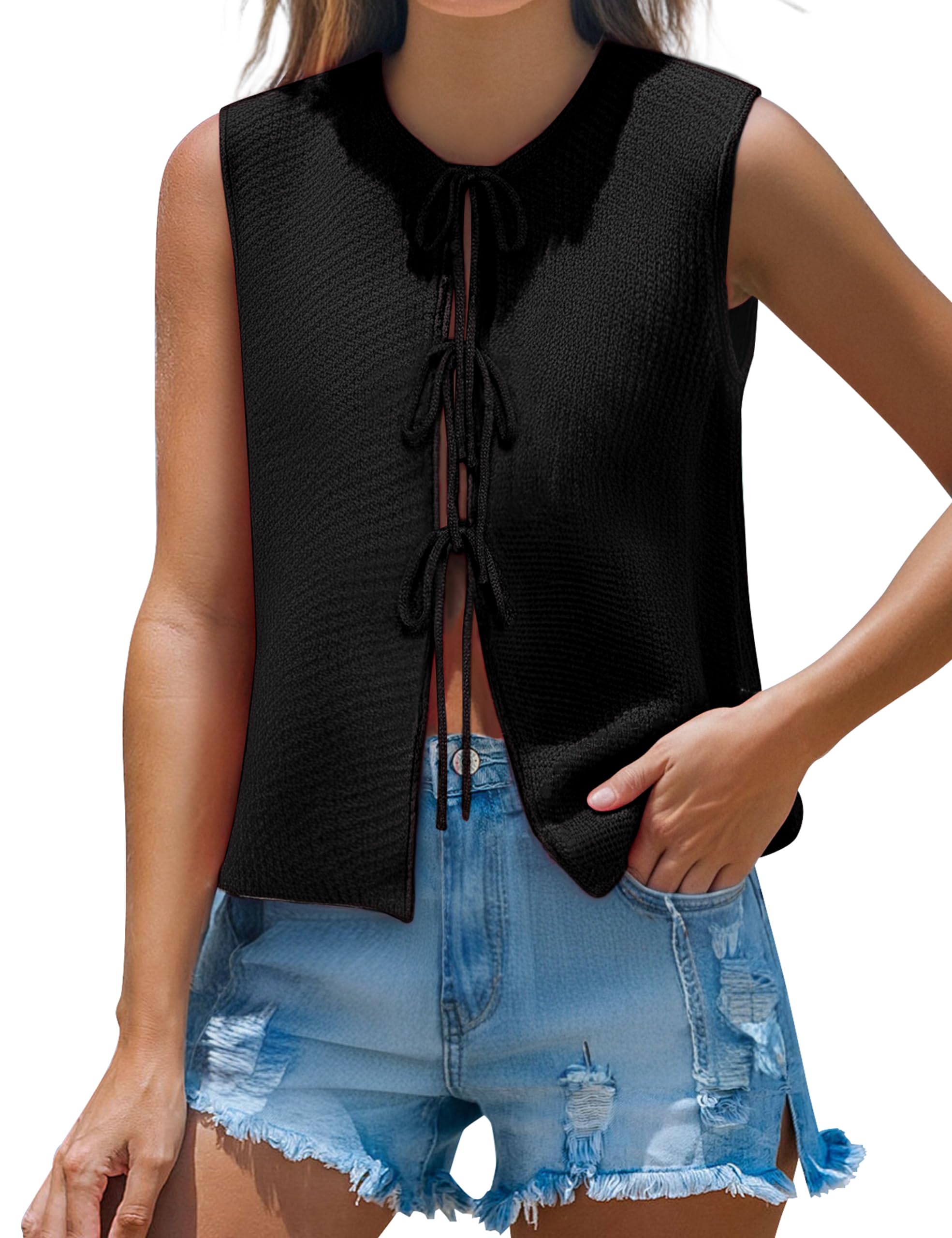 Mansy Women Tie Front Vest Top Y2k Knit Crew Neck Sleeveless Crop Sweater Tank Vintage Casual Streetwear