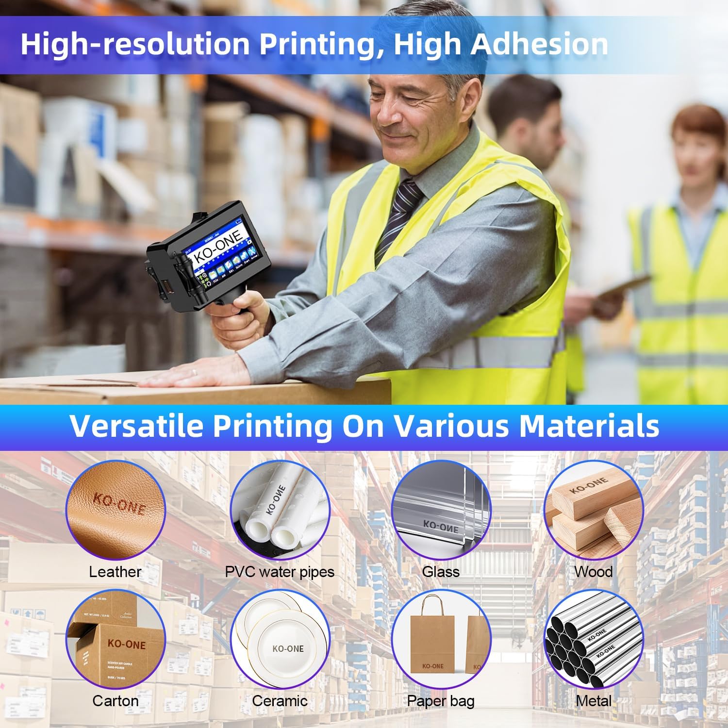 KOONE Handheld Inkjet Printer, 0.5 Inch Nozzle, Portable Inkjet Printer Gun for Text QRCode Barcode Production Date Time Logo Batch Number Print on Metal Wood Glass Cloth Carton Plastic (Black)