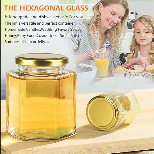 Vista 11 de Encheng Tarros hexagonales transparentes de 1.5 onzas, pequeños frascos de vidrio para miel con tapas (dorados), tarros Mason para hierbas